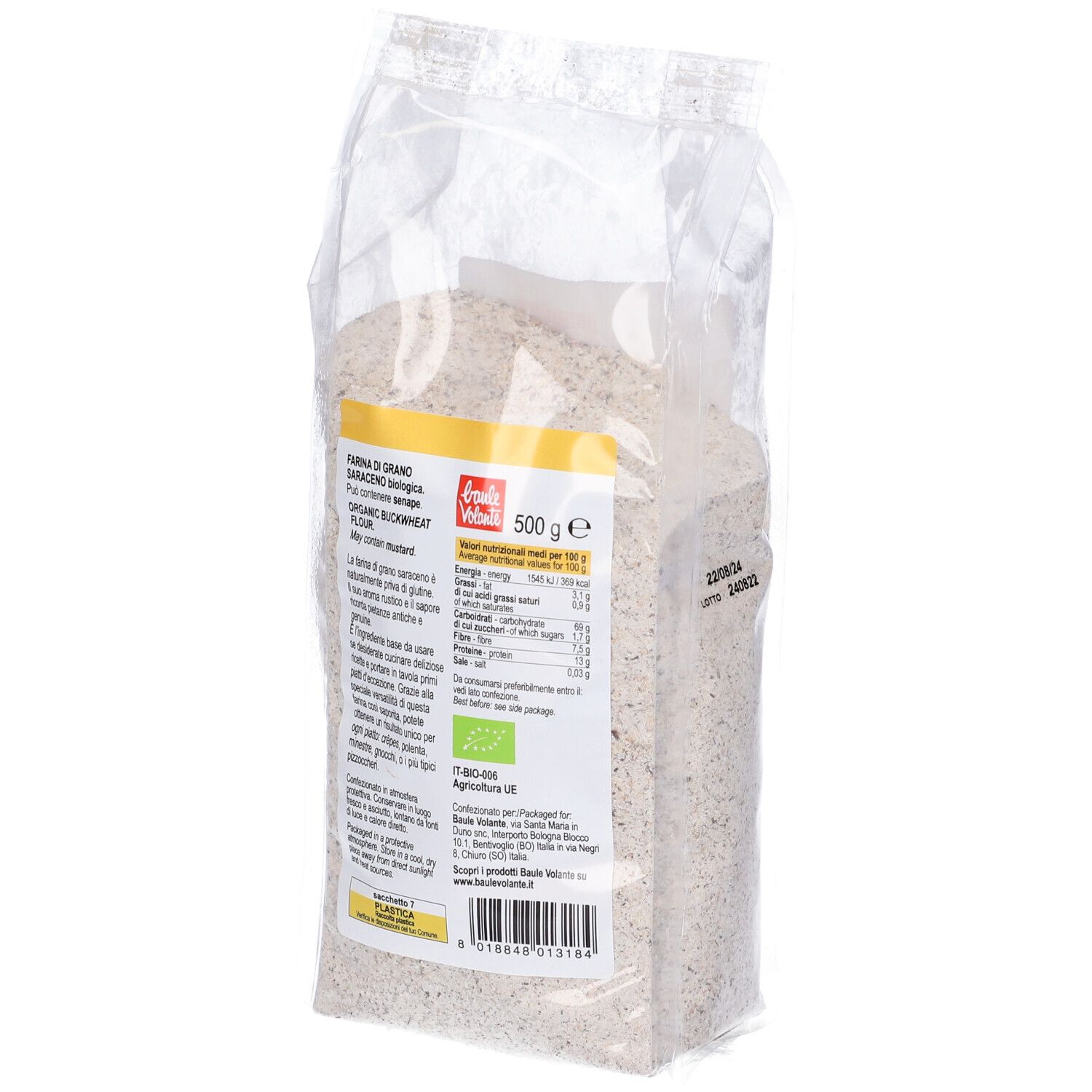 Sacchetto trasparente di farina. Scritta: Farina di grano saraceno, Senza glutine. Logo: Baule Volante. Etichetta nutrizionale.