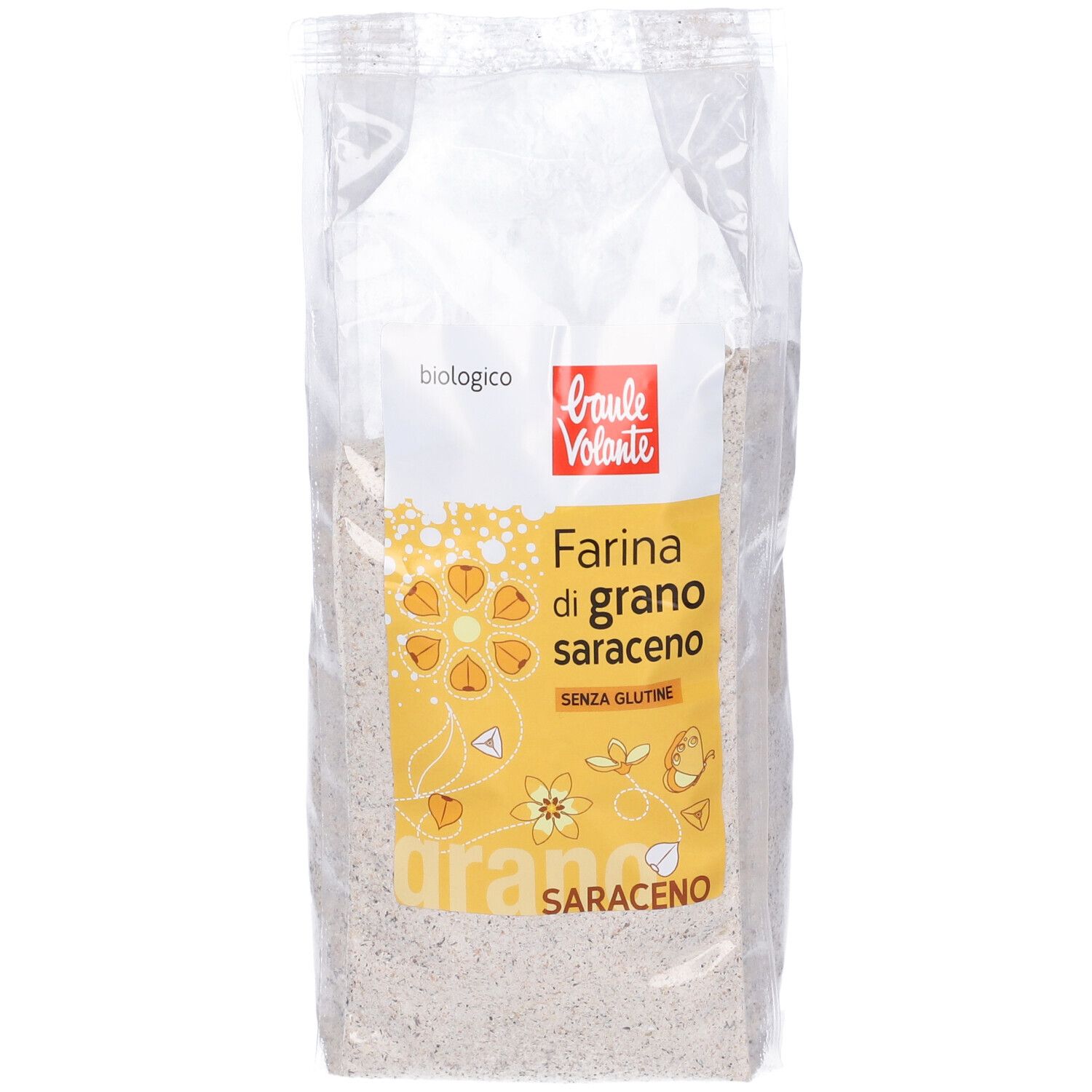 Sacchetto trasparente di farina. Scritta: Farina di grano saraceno, Senza glutine. Logo: Baule Volante.