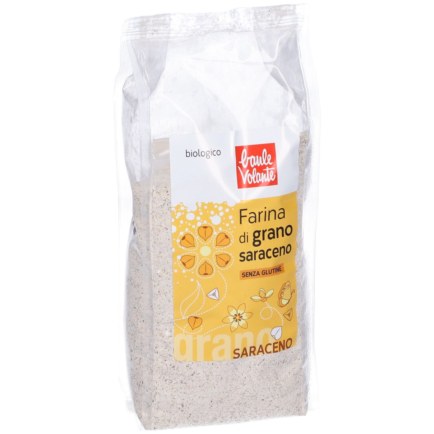 Sacchetto trasparente di farina. Scritta: Farina di grano saraceno, Senza glutine. Logo: Baule Volante.