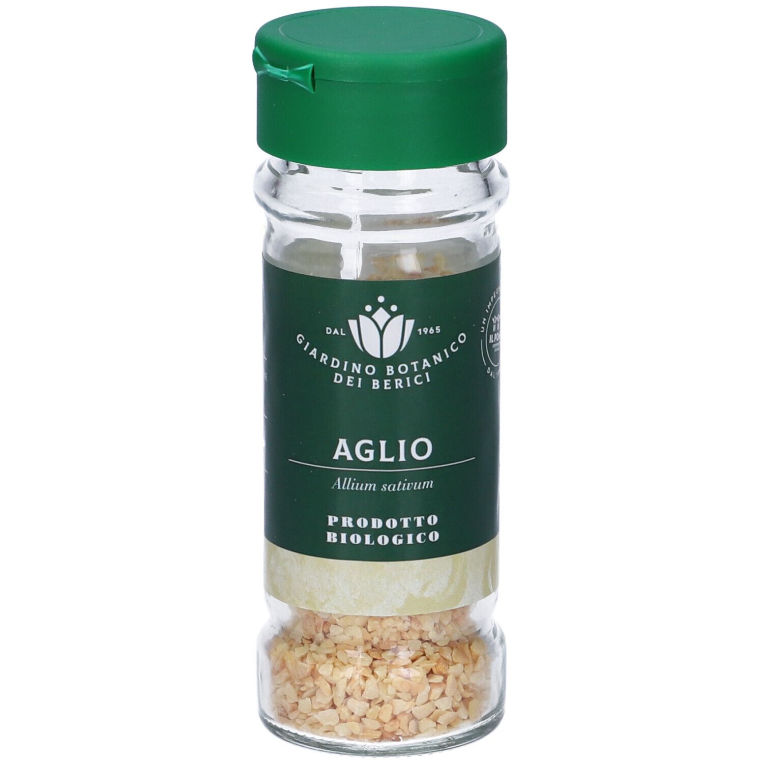 Flacone in vetro con tappo verde. Etichetta con testo: Giardino Botanico dei Berici, Aglio, Prodotto Biologico. Contenuto: granuli di aglio.