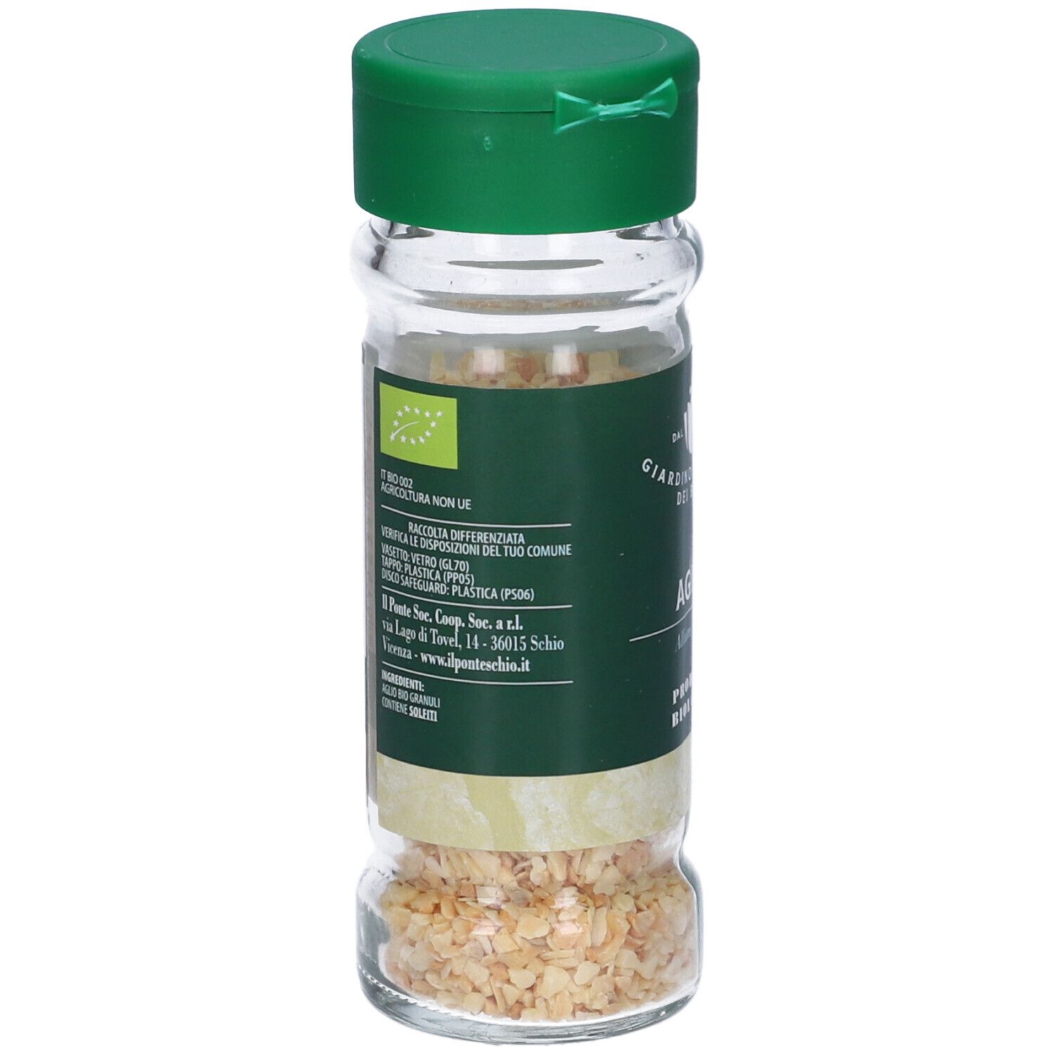 Retro del flacone in vetro con tappo verde. Etichetta con testo e sigillo bio. Contenuto: granuli di aglio. Informazioni produttore.