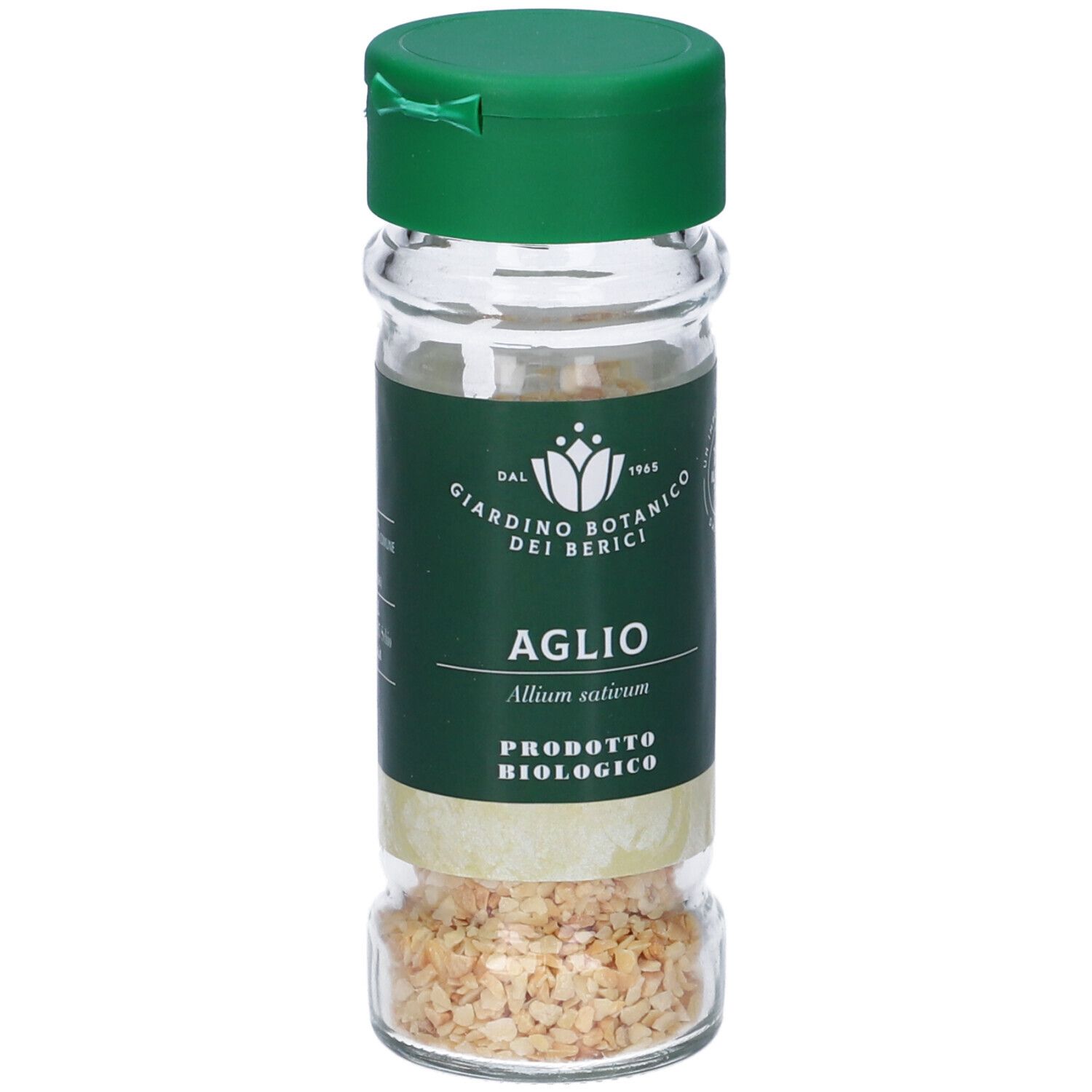 Flacone in vetro con tappo verde. Etichetta con testo: Giardino Botanico dei Berici, Aglio, Prodotto Biologico. Contenuto: granuli di aglio.