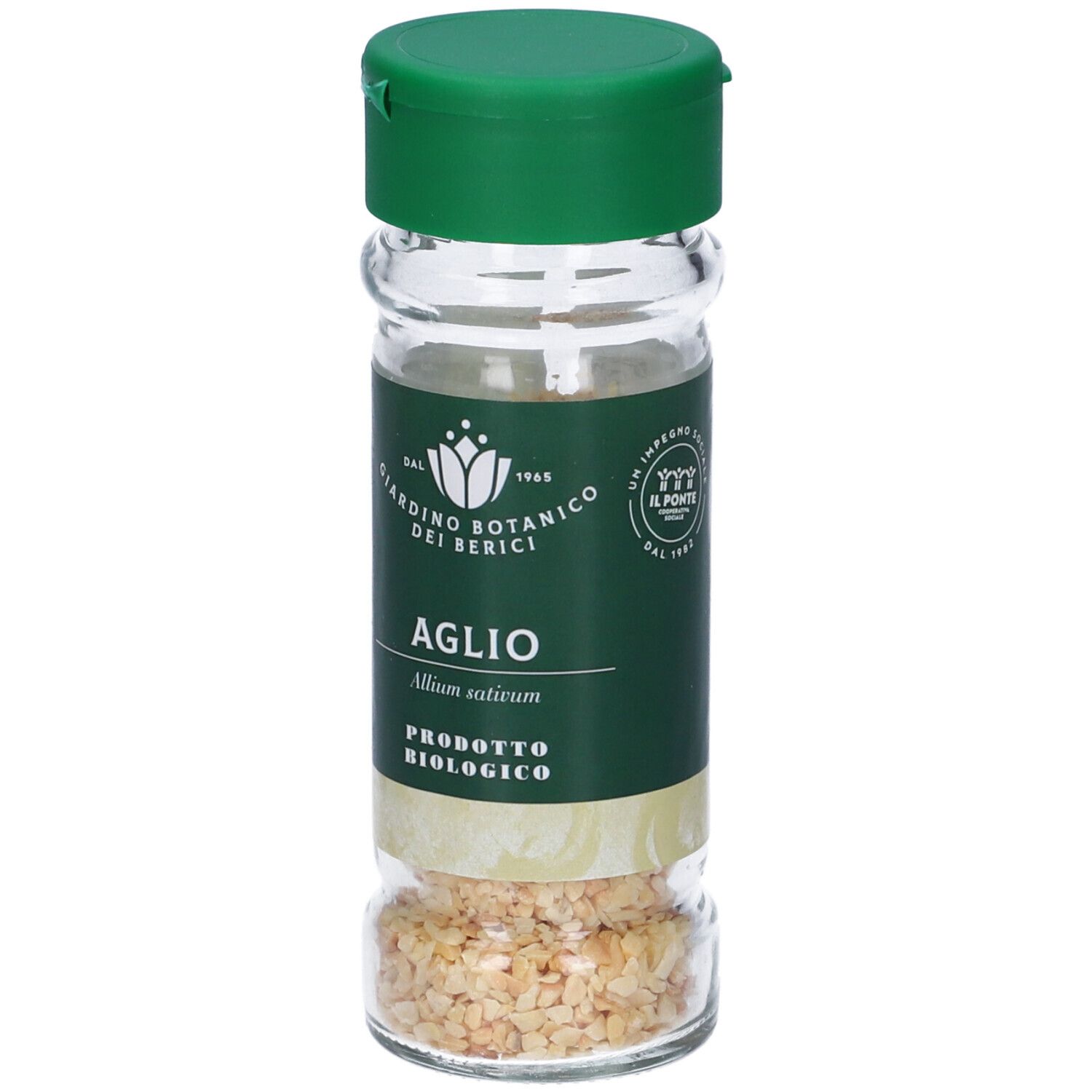 Flacone in vetro con tappo verde. Etichetta con testo: Giardino Botanico dei Berici, Aglio, Prodotto Biologico. Contenuto: granuli di aglio.