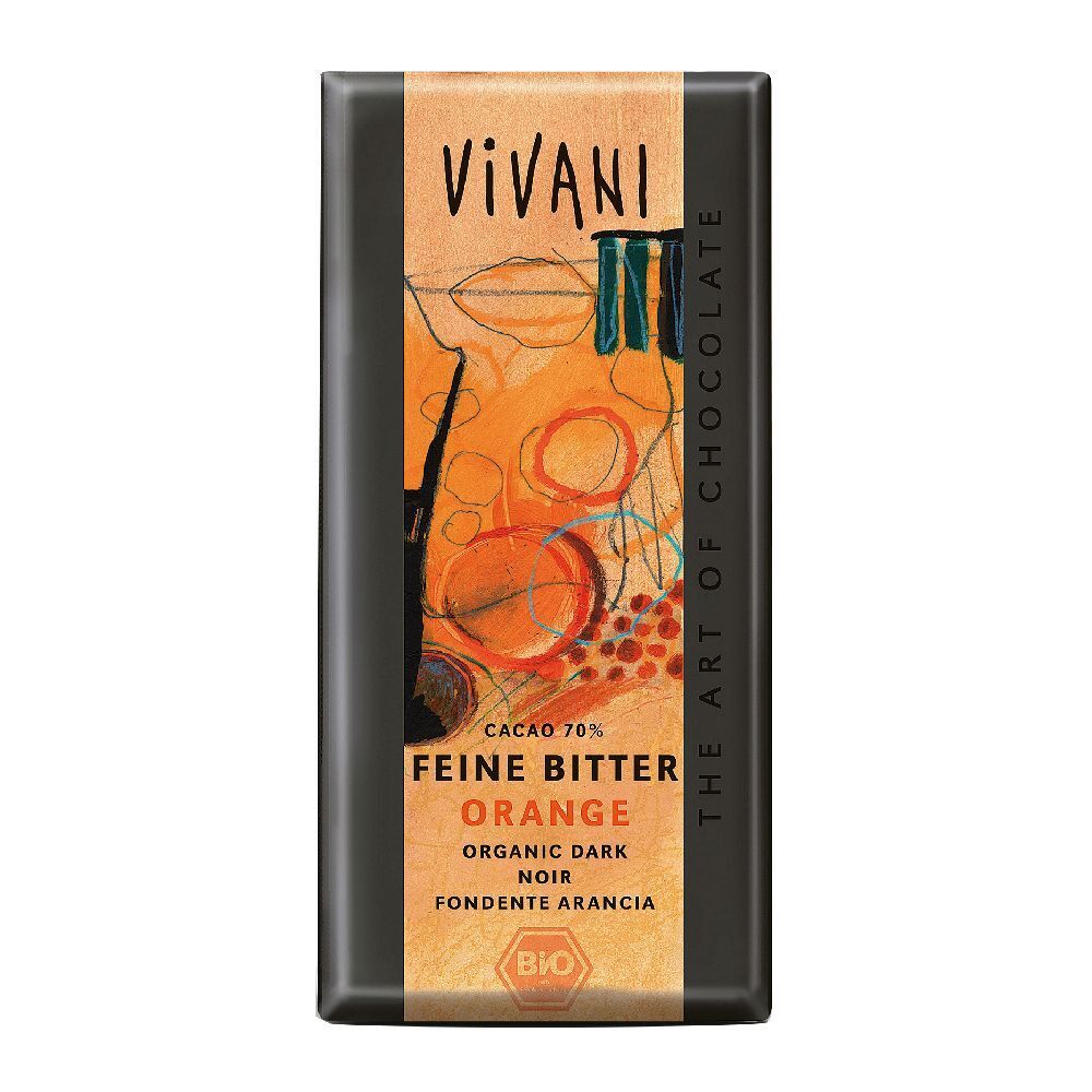 Cioccolato fondente all'arancia. Marchio Vivani. Certificazione bio. Cacao 70%.