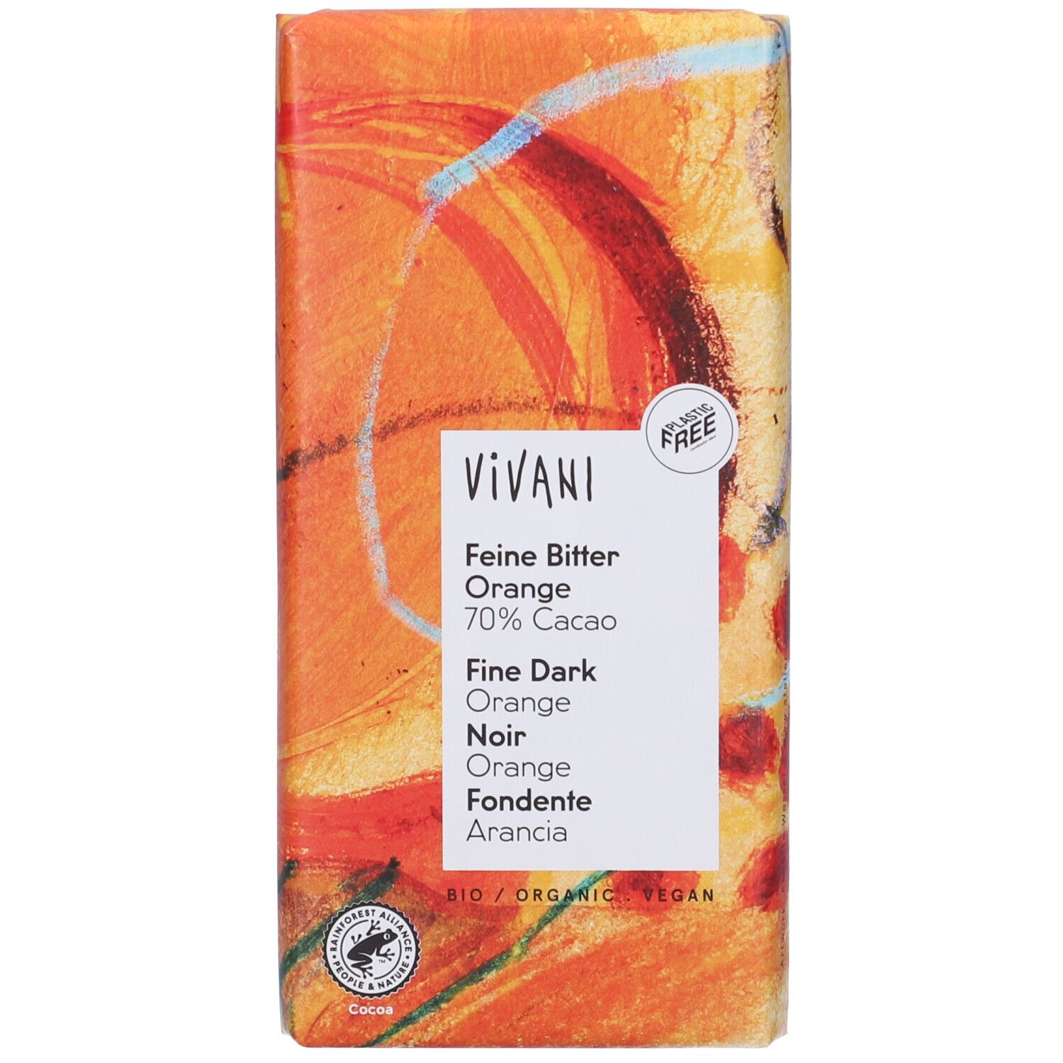Tavoletta di cioccolato all'arancia. Marchio Vivani. 70% cacao. Certificazione bio.