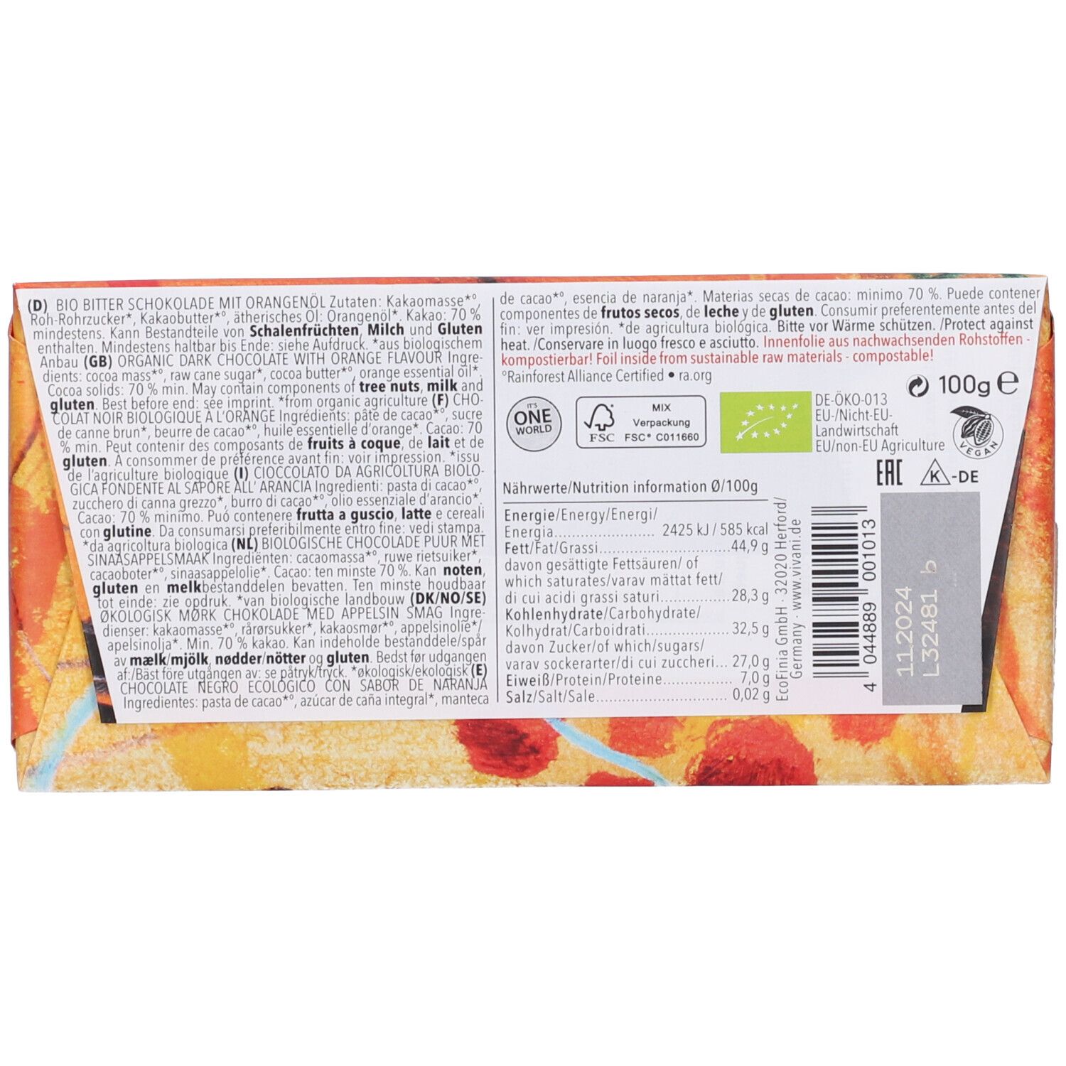 Retro della confezione di cioccolato. Elenco ingredienti, informazioni nutrizionali, certificazione bio.