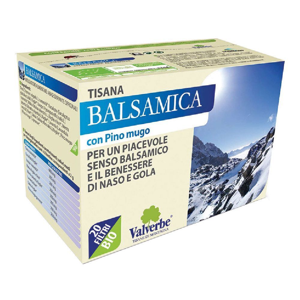 Scatola "Tisana Balsamica" con 20 filtri. Marca Valverbe. Certificazione bio. Paesaggio montano sullo sfondo.