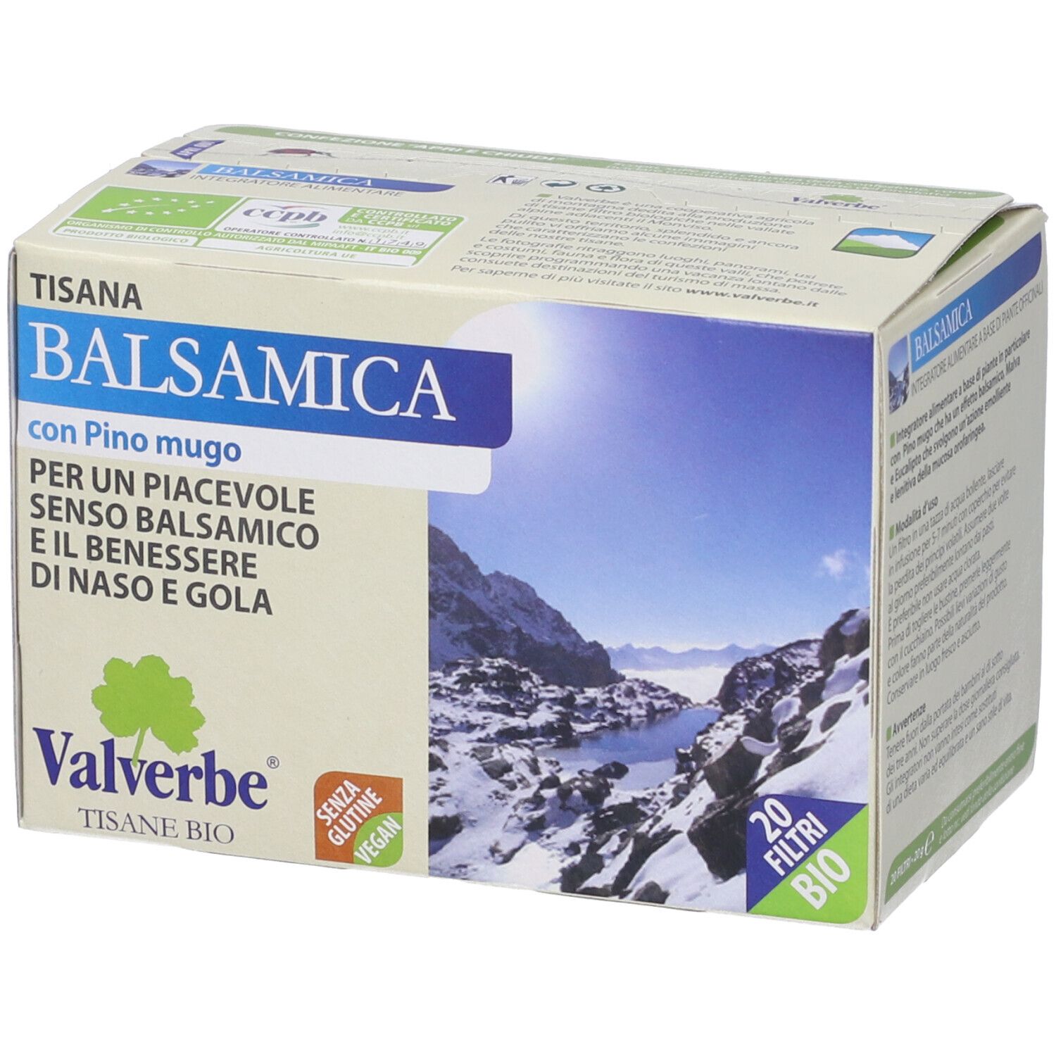 Scatola "Tisana Balsamica" con 20 filtri. Marca Valverbe. Bio, senza glutine, vegan. Paesaggio montano.