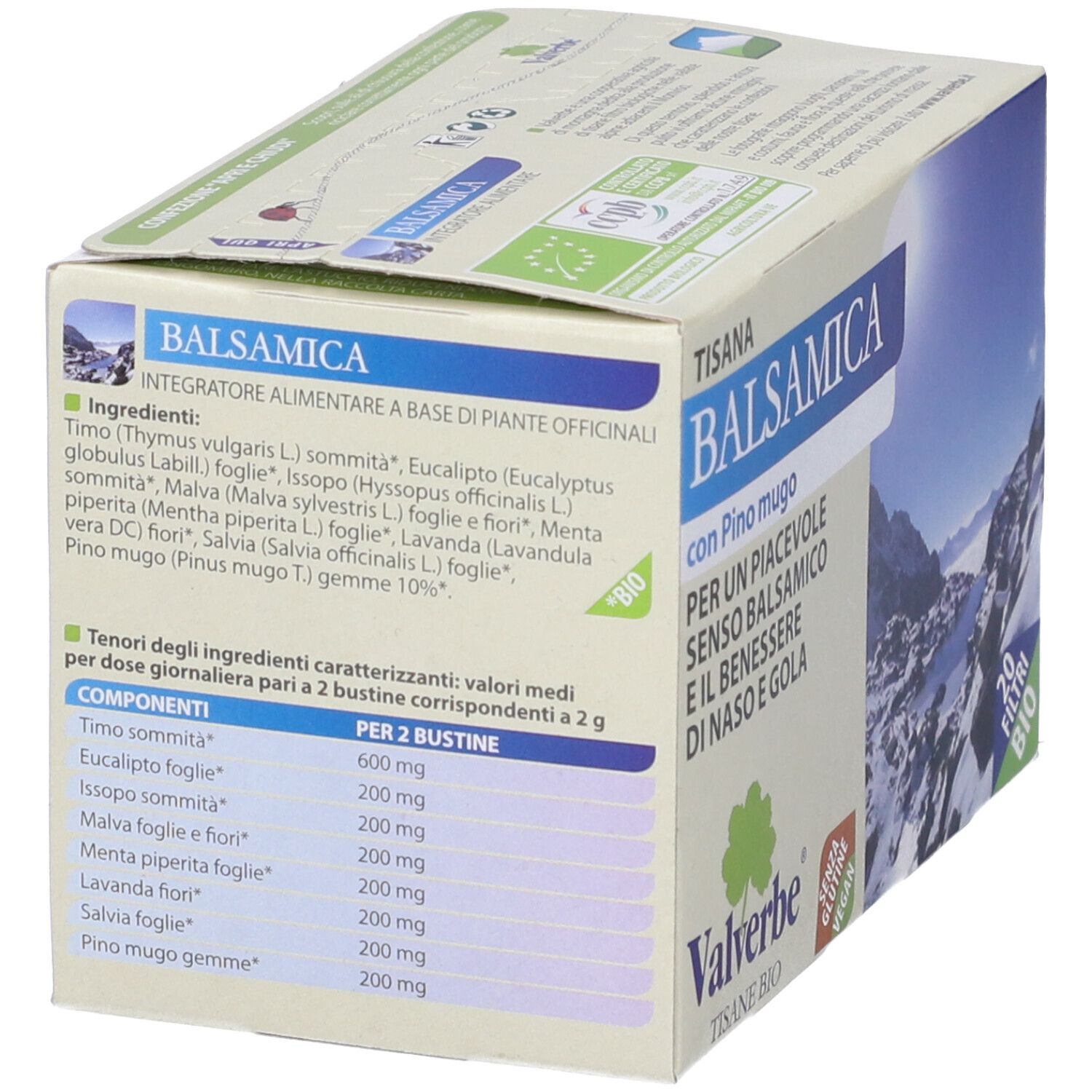 Retro della confezione "Tisana Balsamica". Elenco ingredienti, informazioni nutrizionali. Certificazione bio.