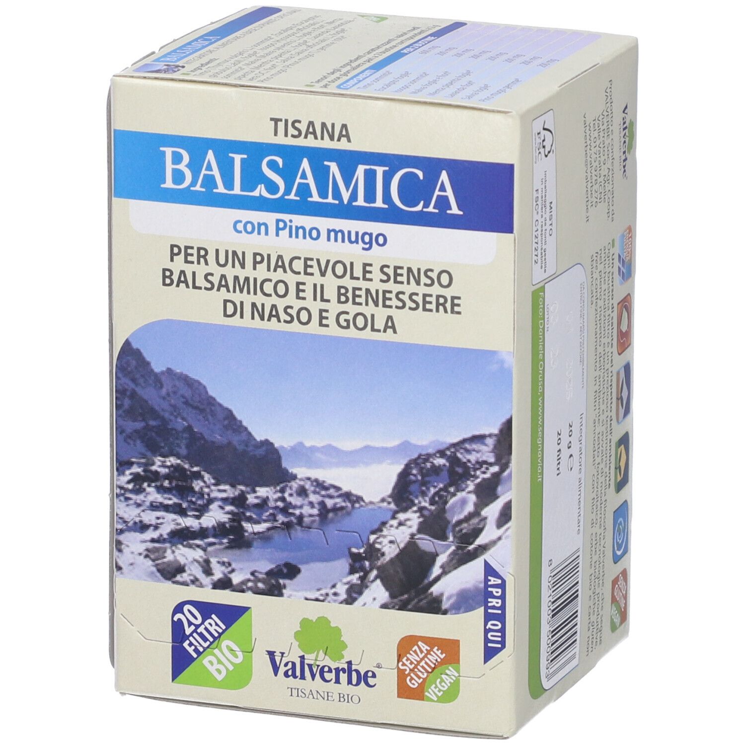 Scatola "Tisana Balsamica" con 20 filtri. Marca Valverbe. Bio. Stampa "Apri qui".