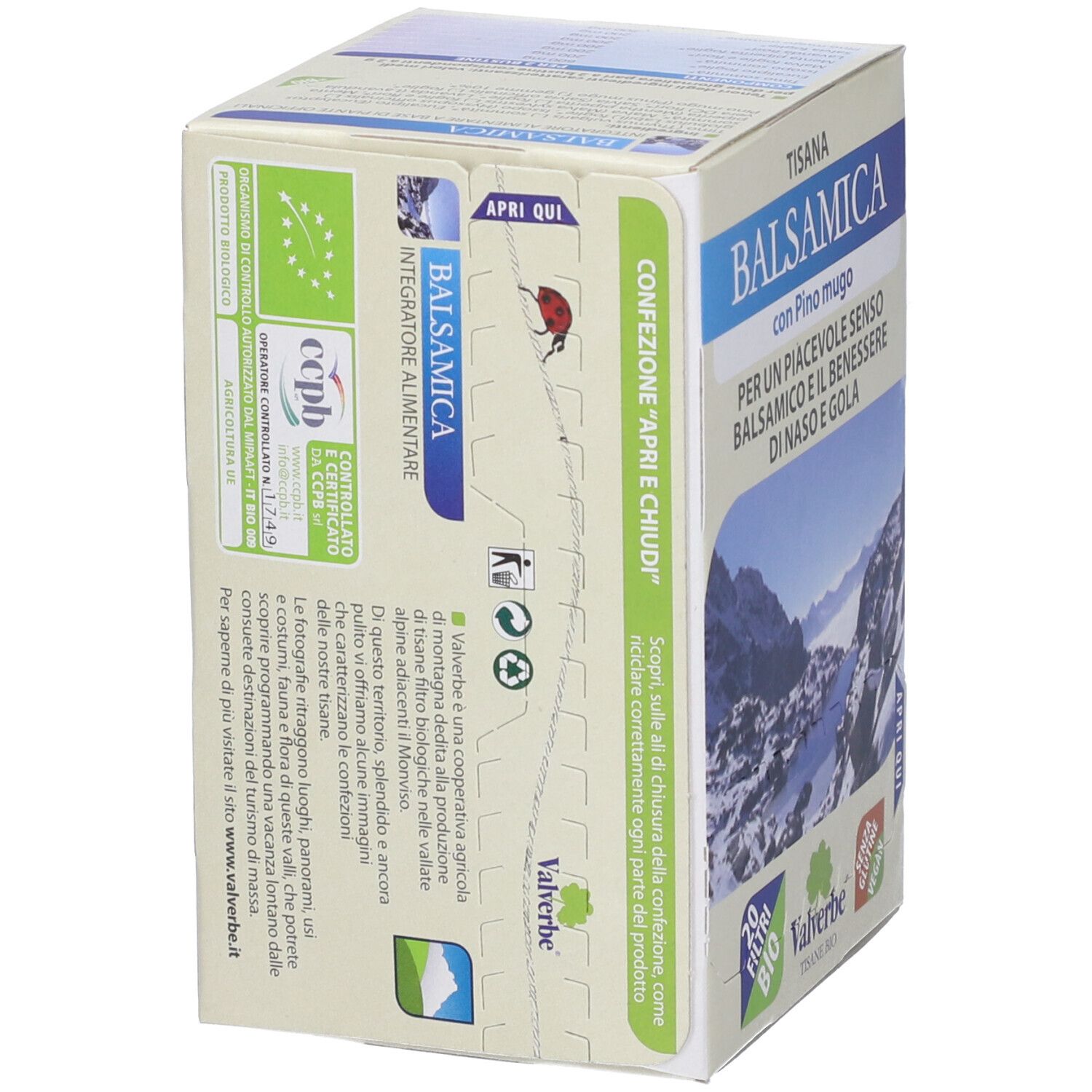 Retro della confezione "Tisana Balsamica". Elenco ingredienti, certificazione bio. Stampa "Apri e chiudi".