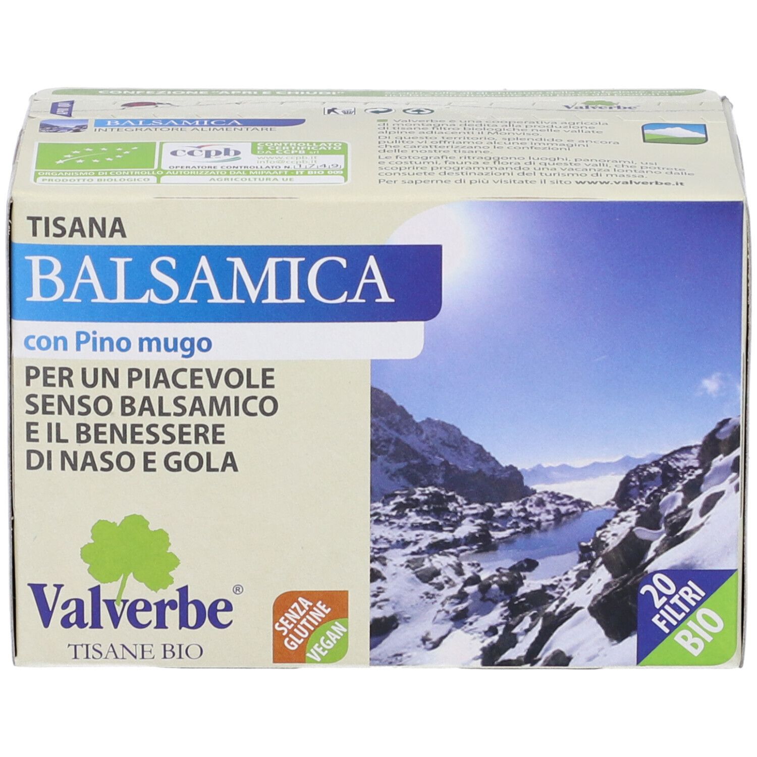 Scatola "Tisana Balsamica" con 20 filtri. Marca Valverbe. Bio, senza glutine, vegan. Vista dall'alto.