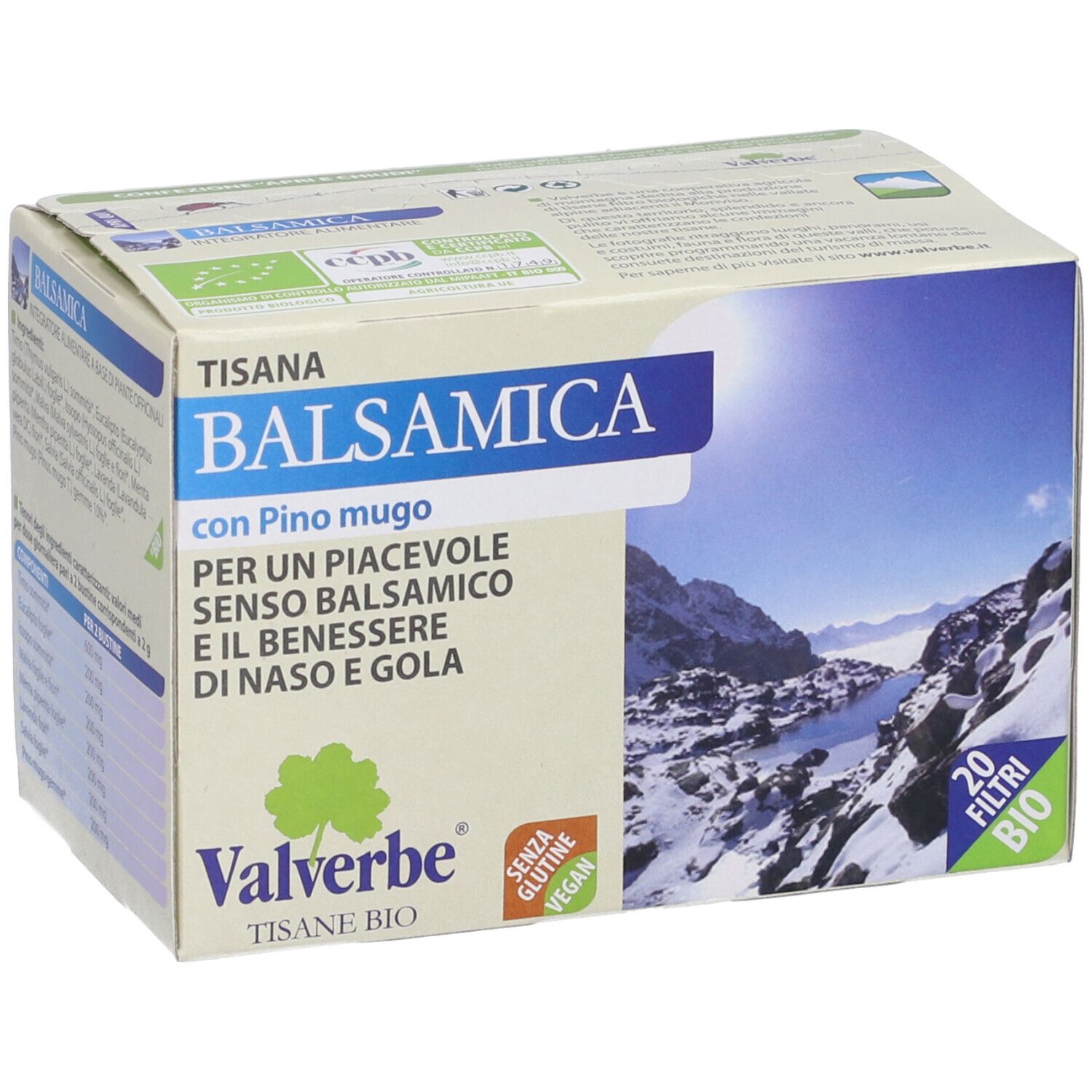 Scatola "Tisana Balsamica" con 20 filtri. Marca Valverbe. Bio, senza glutine, vegan. Vista frontale.
