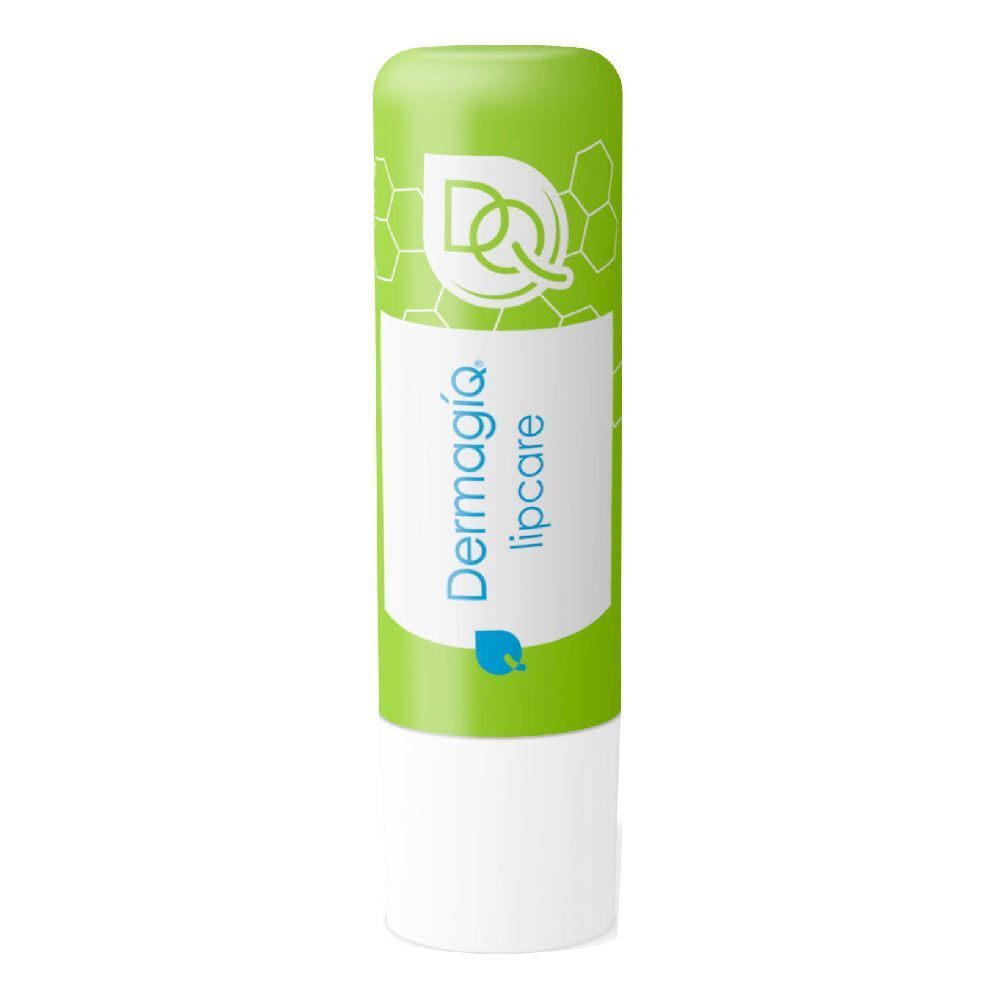 Stick per labbra verde con base bianca. Scritta: Dermagiq lipcare. Logo e indicatore blu.