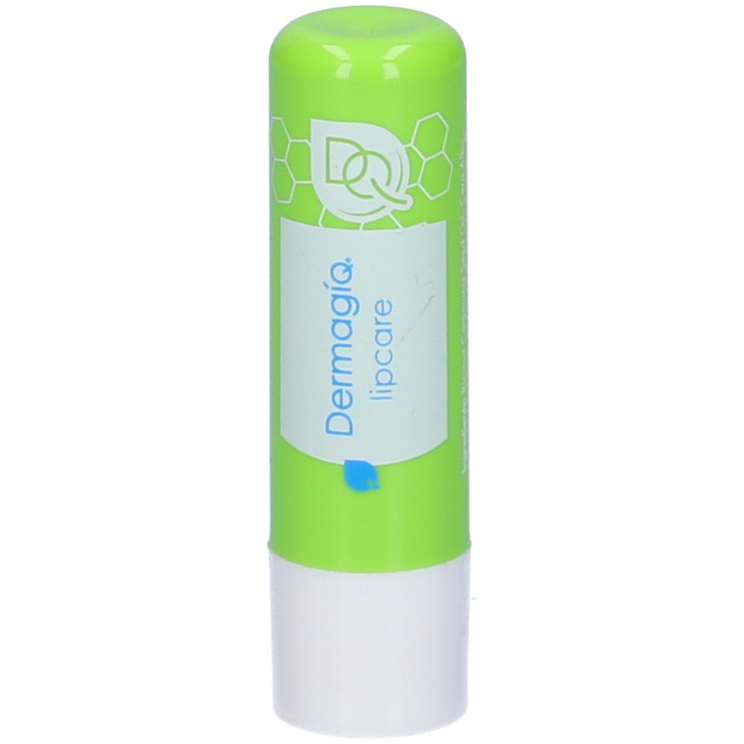 Stick per labbra verde con base bianca. Scritta: Dermagiq lipcare. Logo e indicatore blu.