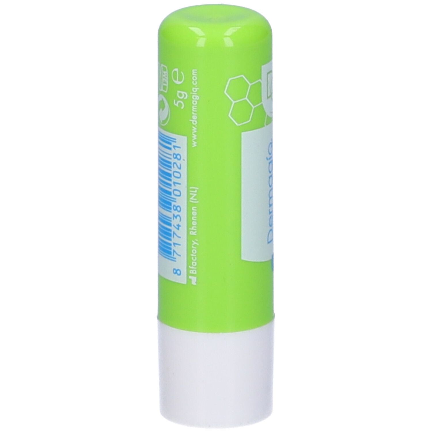 Stick per labbra verde con base bianca. Scritta: Dermagiq lipcare. Logo e indicatore blu.