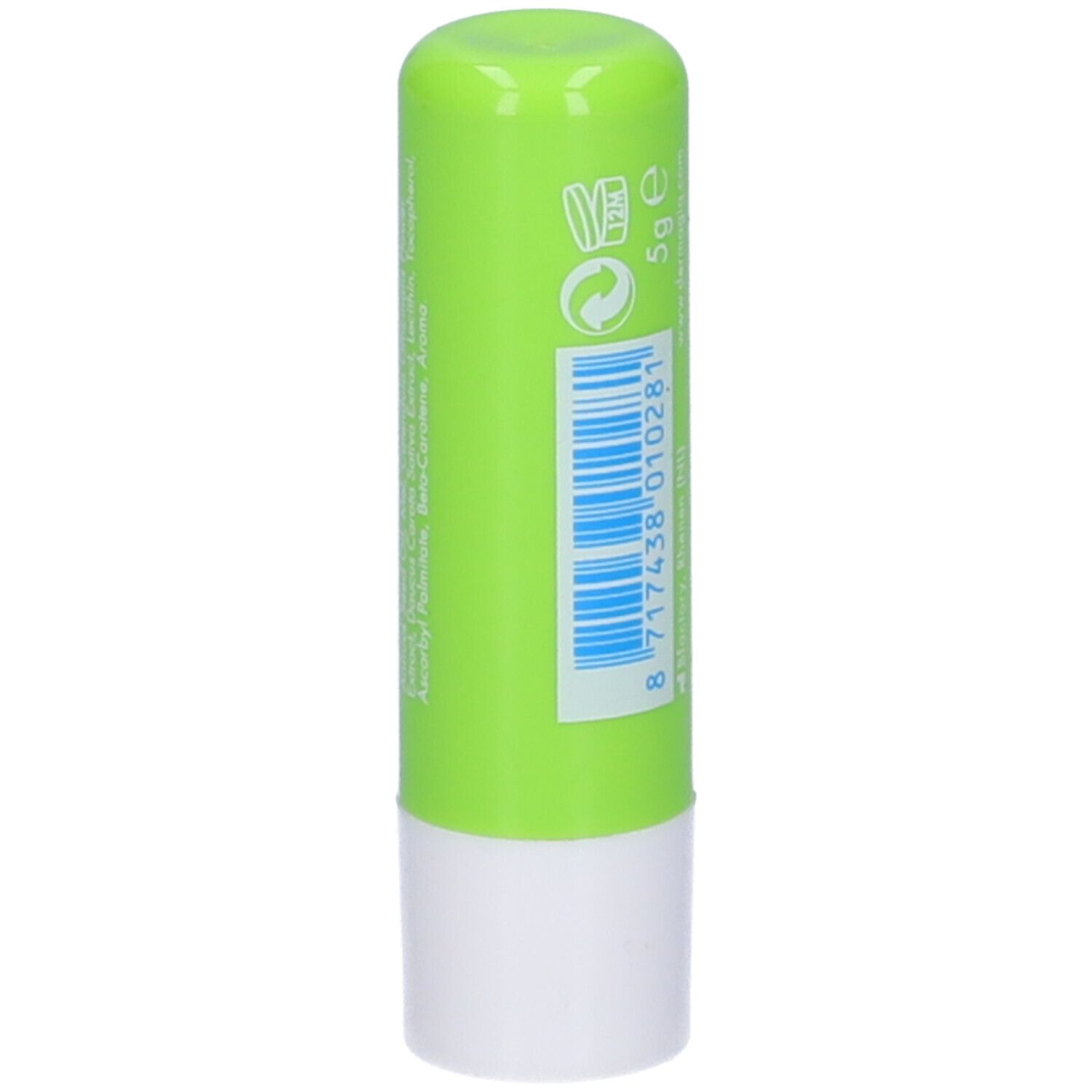 Stick per labbra verde con base bianca. Retro con codice a barre e 5g. Scritta: Dermagiq lipcare.