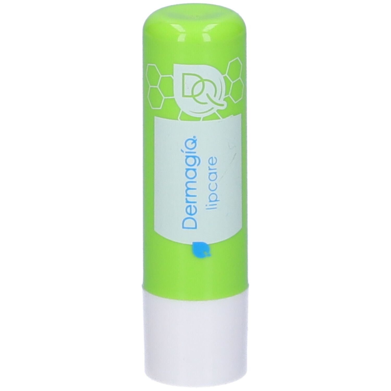 Stick per labbra verde con base bianca. Retro con codice a barre e 5g. Scritta: Dermagiq lipcare.
