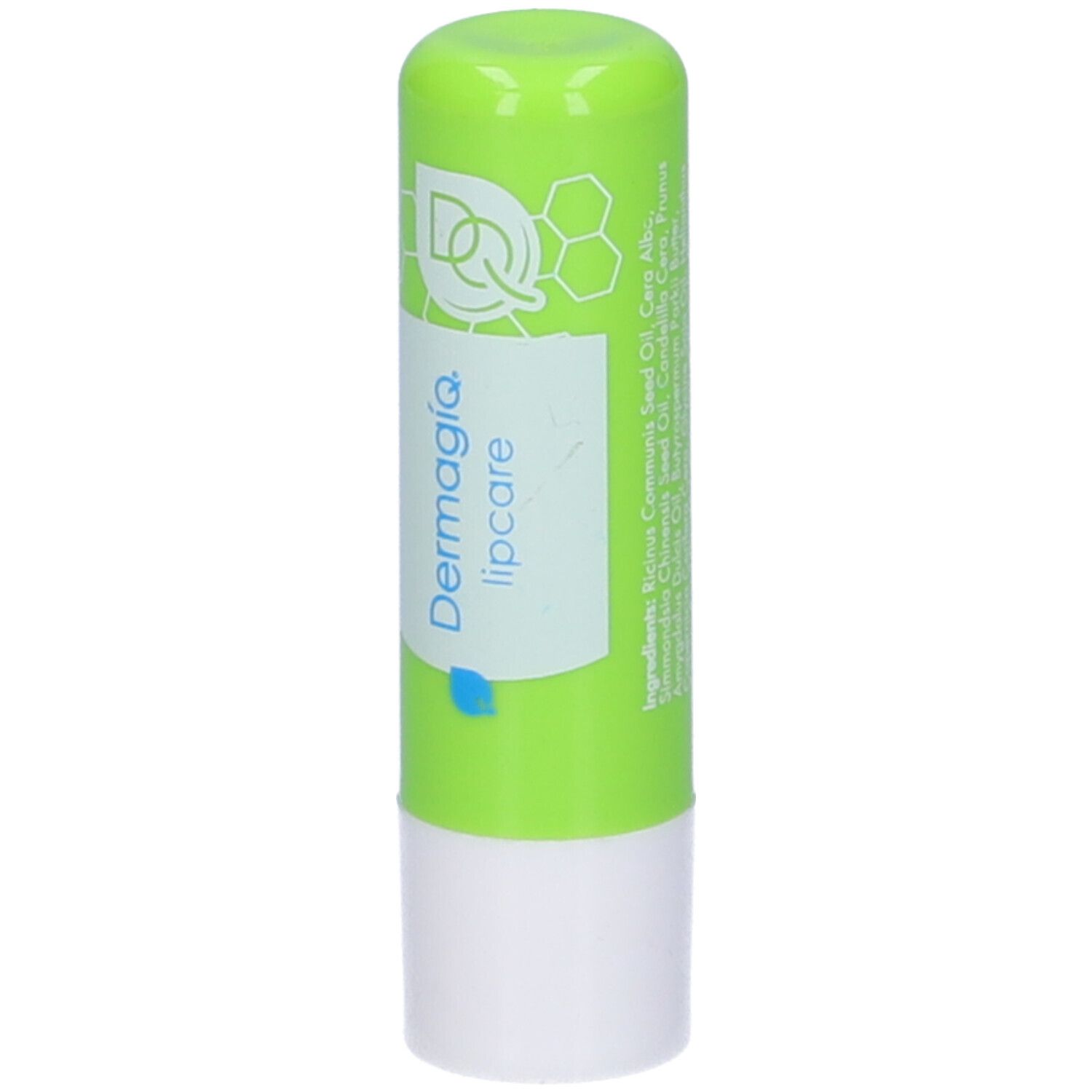 Stick per labbra verde con base bianca. Scritta: Dermagiq lipcare. Logo e indicatore blu.