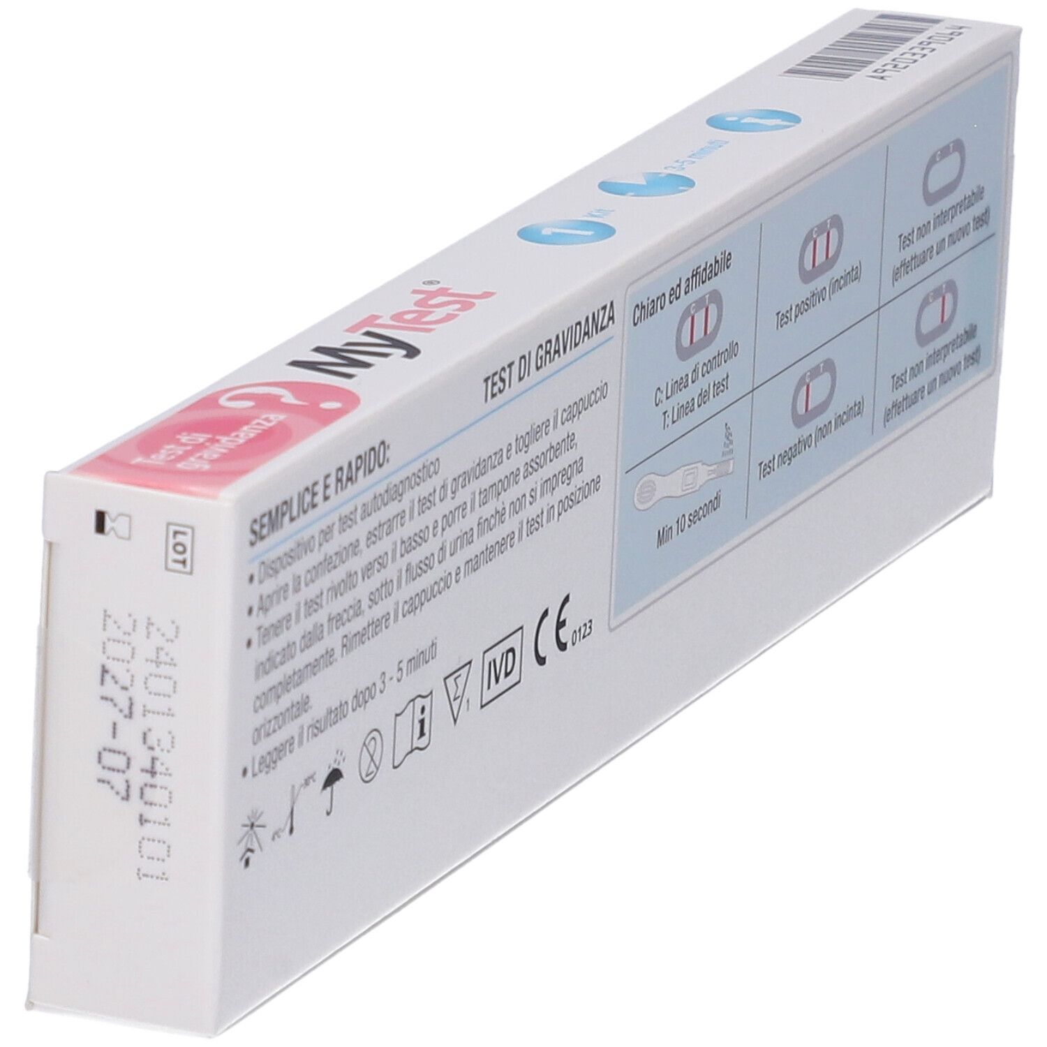 Seitenansicht der MyTest Schwangerschaftstest-Verpackung. Informationen zu Testergebnissen und Haltbarkeitsdatum.