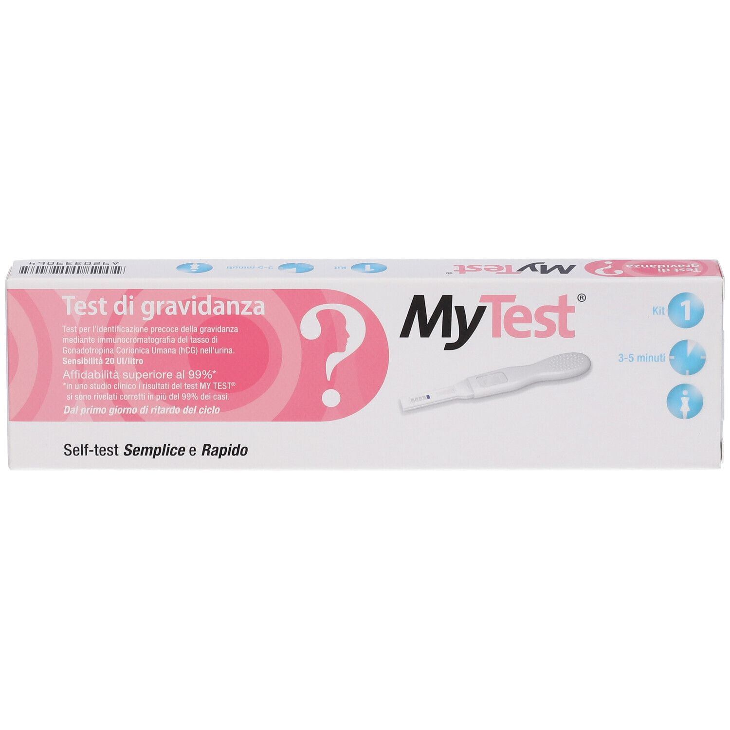 MyTest Schwangerschaftstest-Verpackung. Weiße und rosa Schachtel mit Teststreifen-Abbildung und Produktnamen.