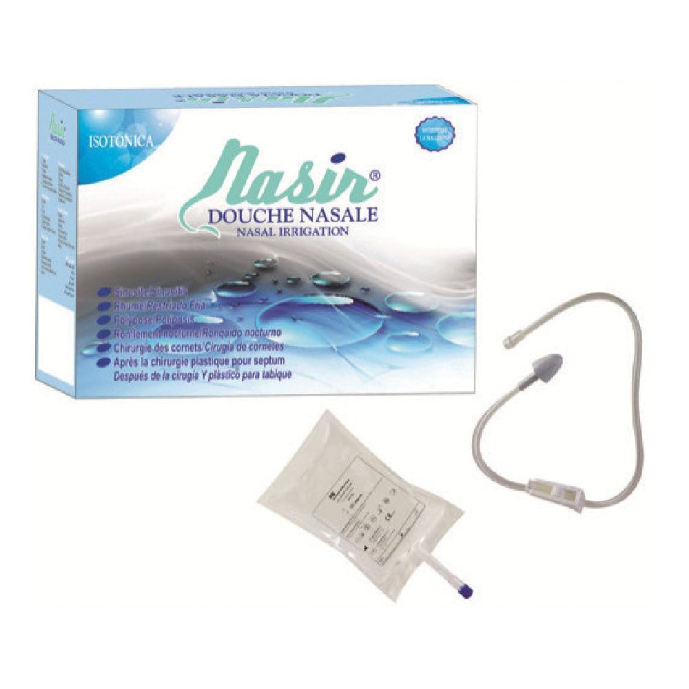 Set Nasir doccia nasale con confezione, sacchetto e applicatore. Soluzione isotonica. Confezione blu e bianca.