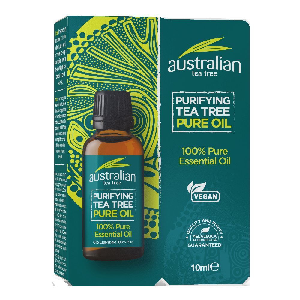 Flacone di vetro marrone con tappo nero in una scatola verde. Scritta: Australian Tea Tree Pure Oil.