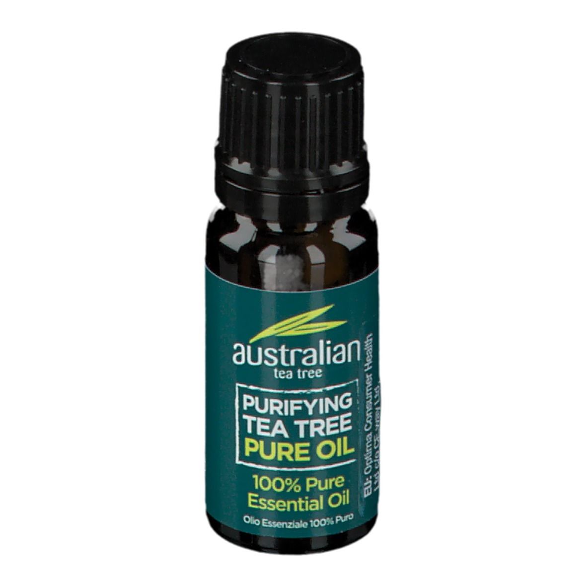 Flacone di vetro marrone con tappo nero. Scritta: Australian Tea Tree Pure Oil. Sigillo vegano.