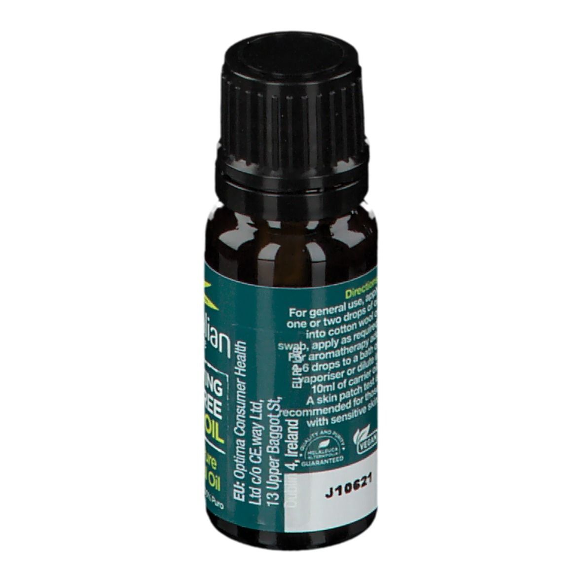 Flacone di vetro marrone con tappo nero. Scritta: Australian Tea Tree Pure Oil. Sigillo vegano. Testo sul retro.