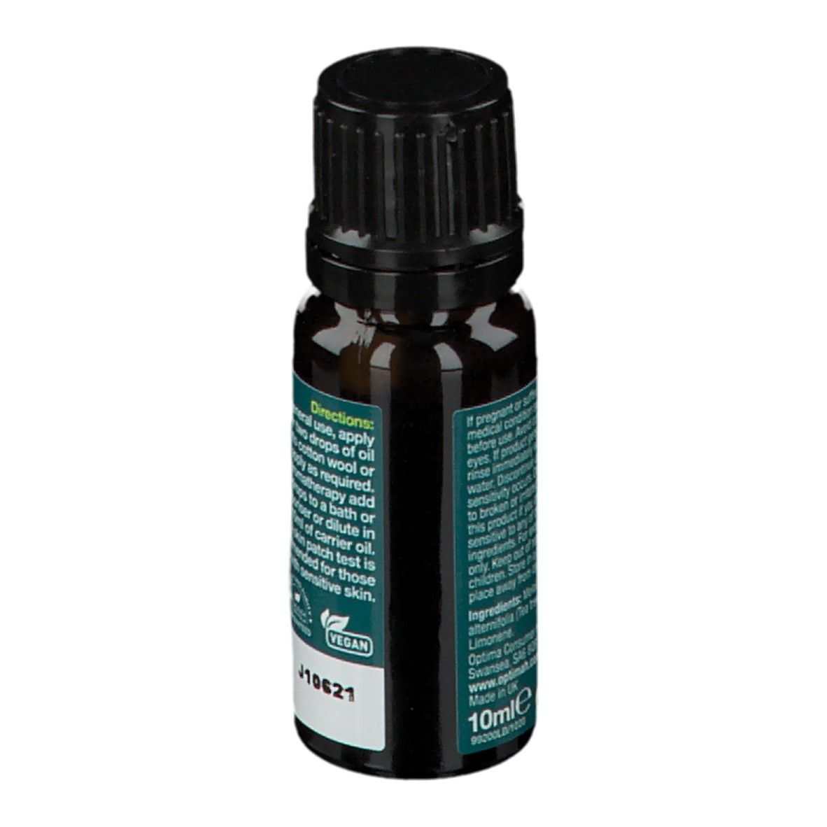 Flacone di vetro marrone con tappo nero. Scritta: Australian Tea Tree Pure Oil. Sigillo vegano. Testo sul retro.