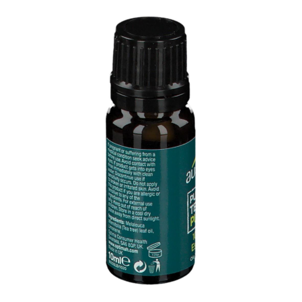 Flacone di vetro marrone con tappo nero. Scritta: Australian Tea Tree Pure Oil. Sigillo vegano. Testo sul retro.