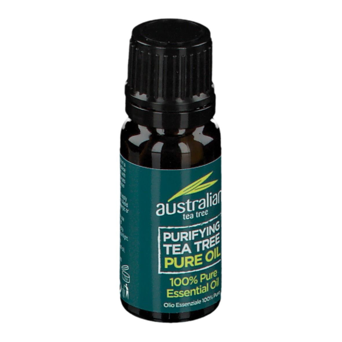 Flacone di vetro marrone con tappo nero. Scritta: Australian Tea Tree Pure Oil. Sigillo vegano.