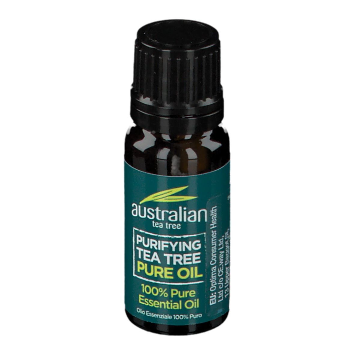 Flacone di vetro marrone con tappo nero. Scritta: Australian Tea Tree Pure Oil. Sigillo vegano.