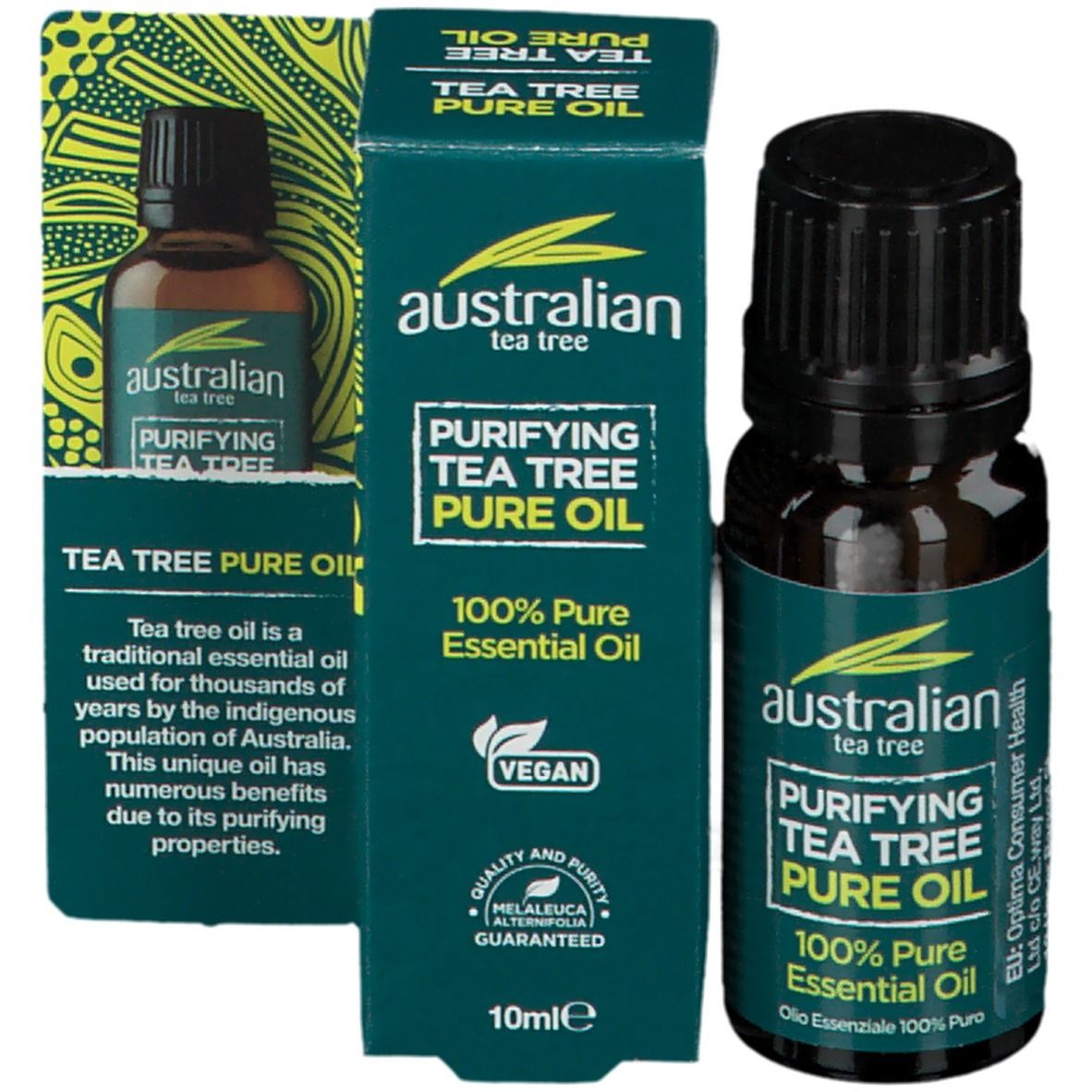 Flacone di vetro marrone con tappo nero e scatola verde. Scritta: Australian Tea Tree Pure Oil. Sigillo vegano.