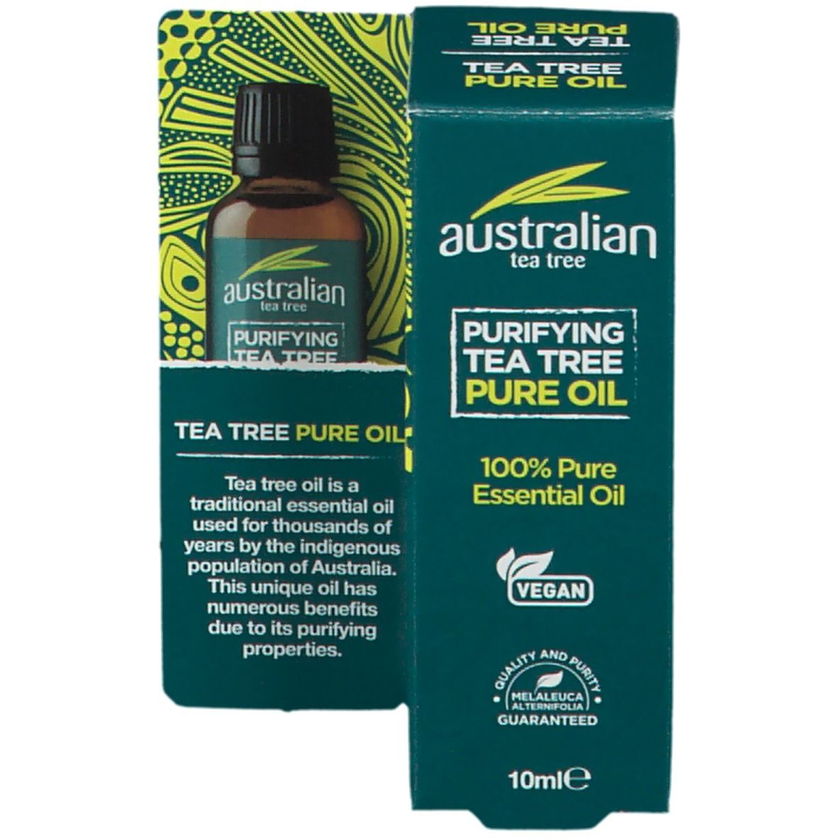 Flacone di vetro marrone con tappo nero e scatola verde. Scritta: Australian Tea Tree Pure Oil. Sigillo vegano.