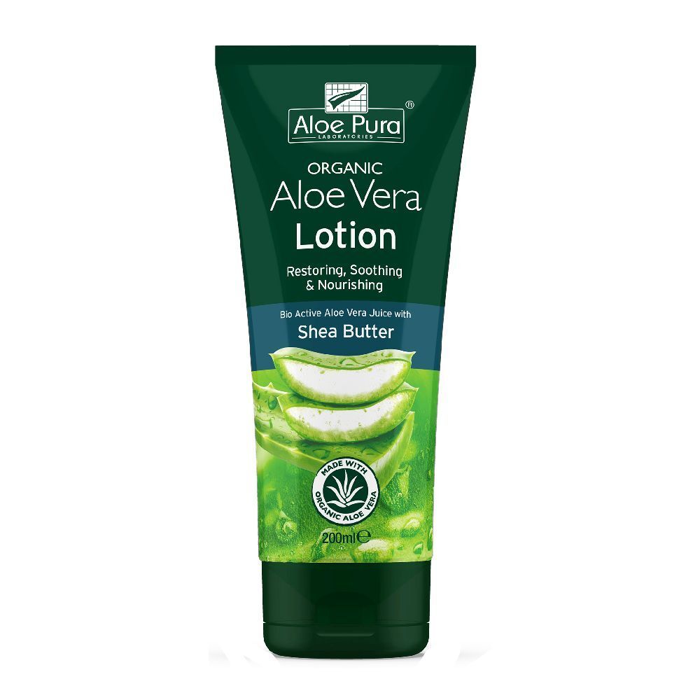 Tubo verde di lozione all'aloe vera. Testo: Aloe Vera Lotion, Organic. Illustrazione di foglie di aloe vera. 200ml.