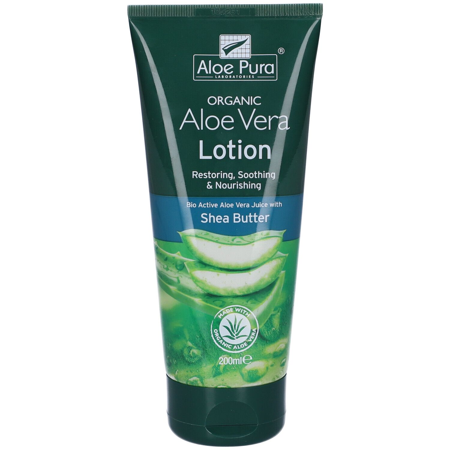Tubo verde di lozione all'aloe vera. Testo: Aloe Vera Lotion, Organic. Illustrazione di foglie di aloe vera. 200ml.