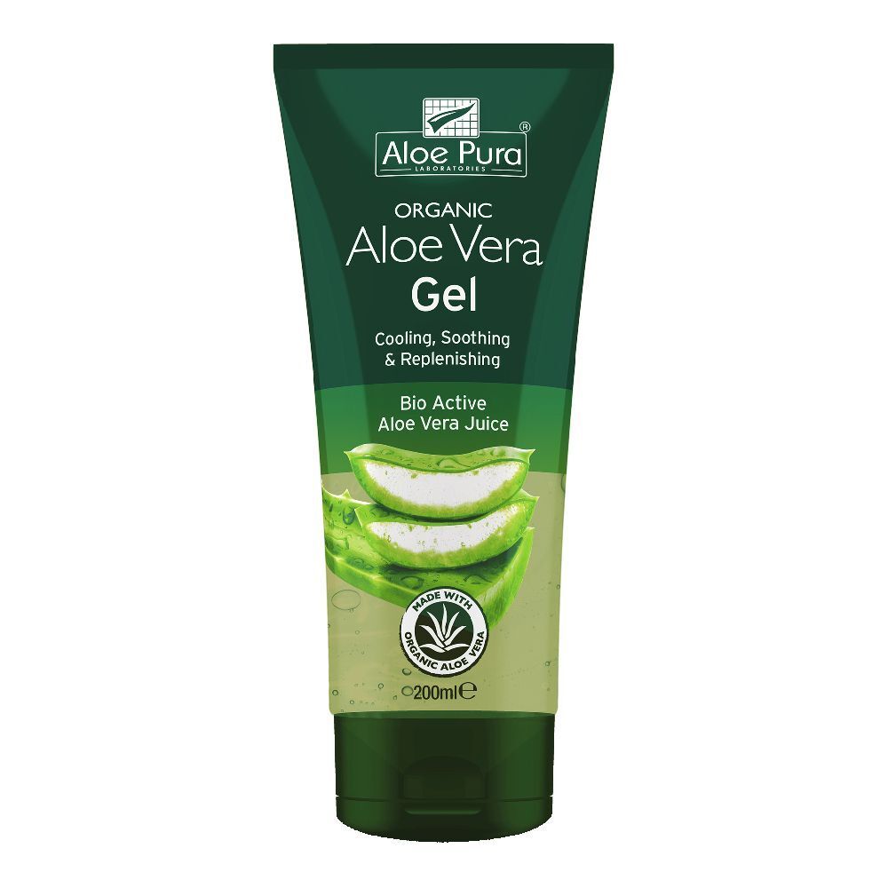 Tubo verde di gel di aloe vera. Testo: Aloe Vera Gel, Bio Active Aloe Vera Juice. Logo: Aloe Pura.