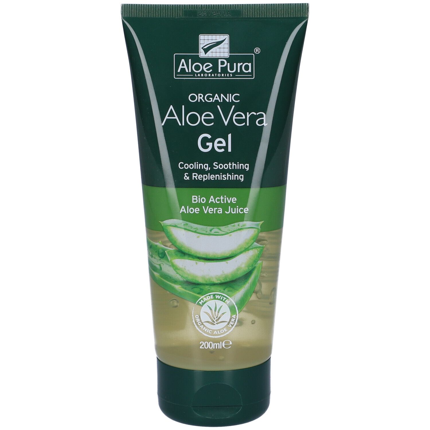 Tubo verde di gel di aloe vera. Testo: Aloe Vera Gel, Bio Active Aloe Vera Juice. Logo: Aloe Pura.