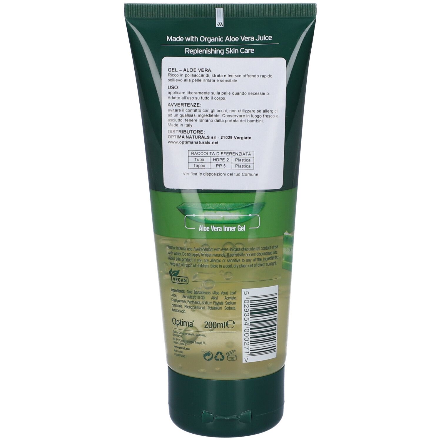 Retro del tubo verde. Testo: Aloe Vera Inner Gel, ingredienti, informazioni produttore, codice a barre.