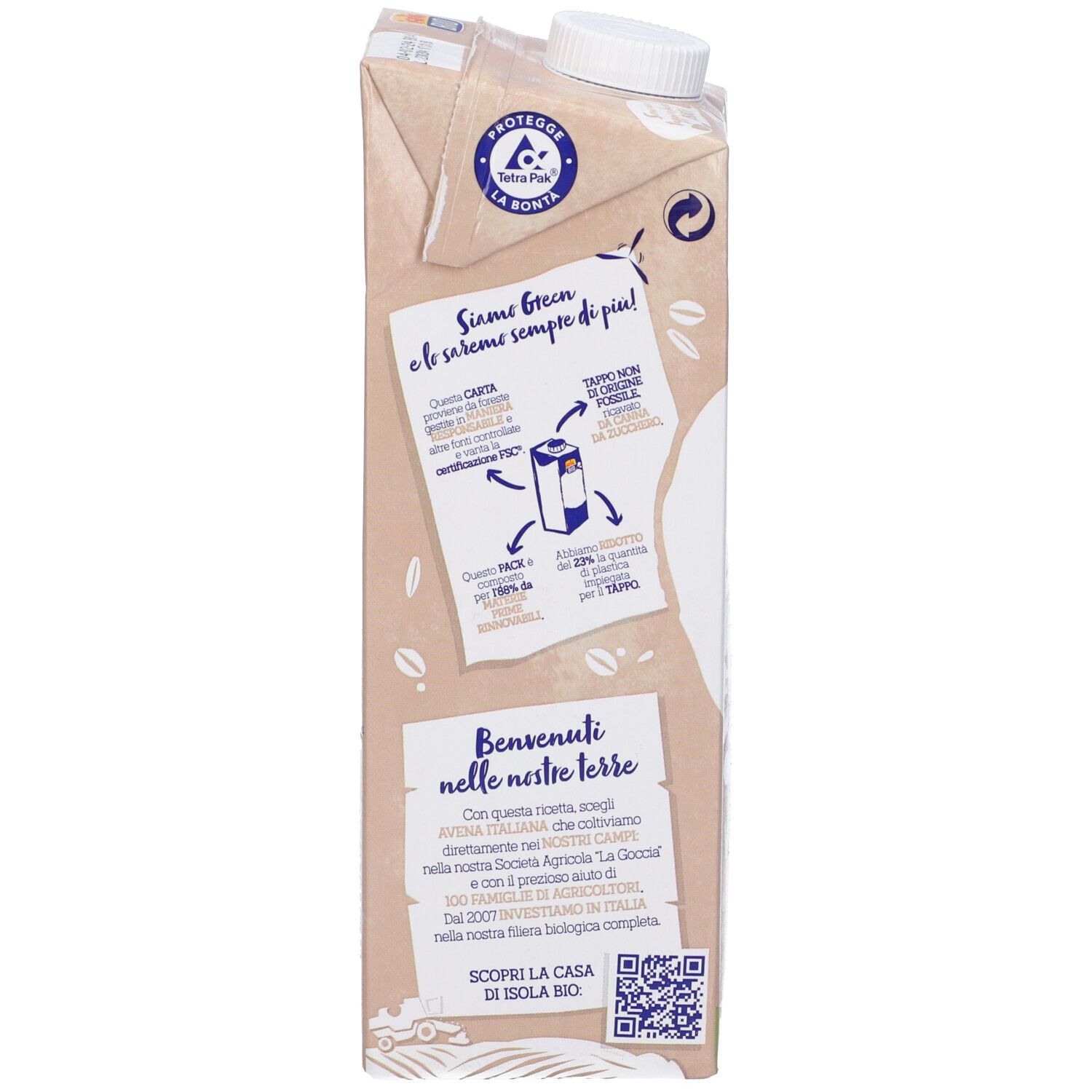 Retro della confezione Isola Bio Avena. Testo su sostenibilità e riciclo. Codice QR e logo.
