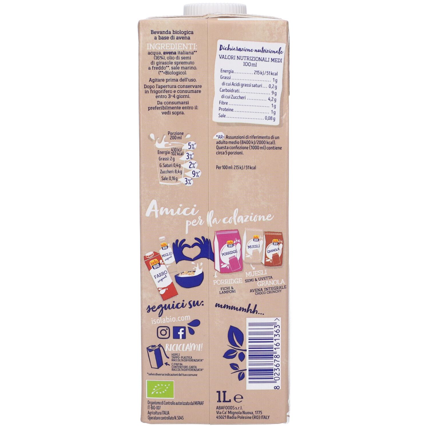 Retro della confezione Isola Bio Avena. Informazioni nutrizionali, contatti, loghi e indicazione 1L.