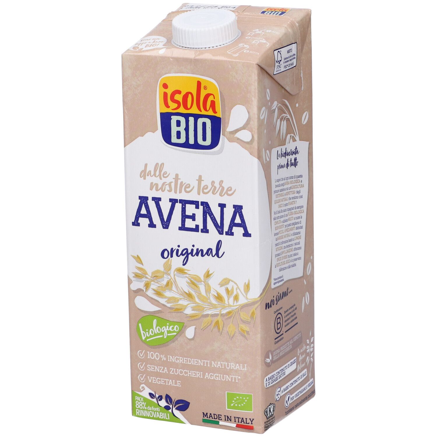 Confezione Isola Bio Avena original. Scritta: Avena original, biologico, 100% ingredienti naturali, senza zuccheri aggiunti.