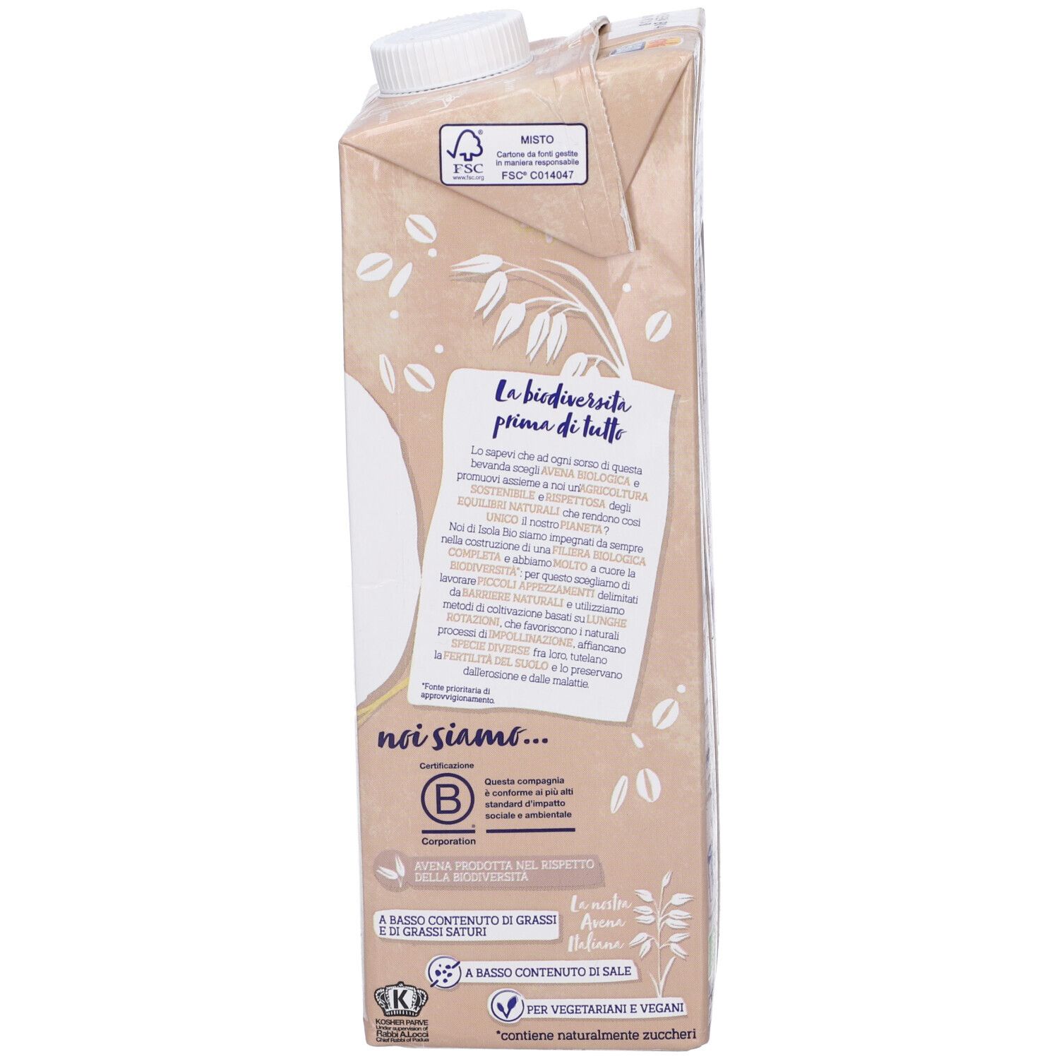 Retro della confezione Isola Bio Avena. Testo sulla sostenibilità, certificazione FSC e loghi.