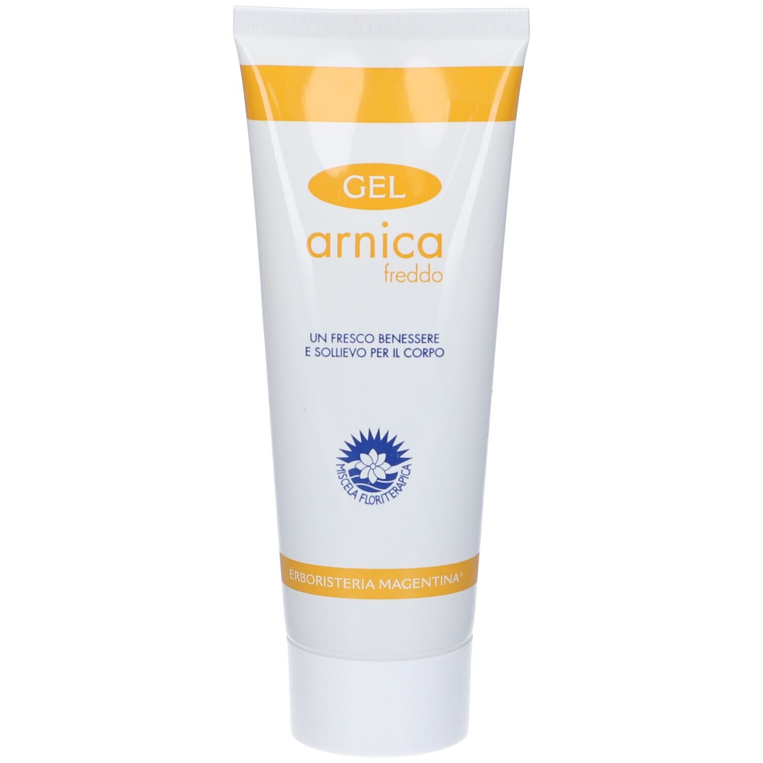 Tubo di gel con tappo giallo e scritta. Tubo di gel bianco con dettagli gialli e testo.