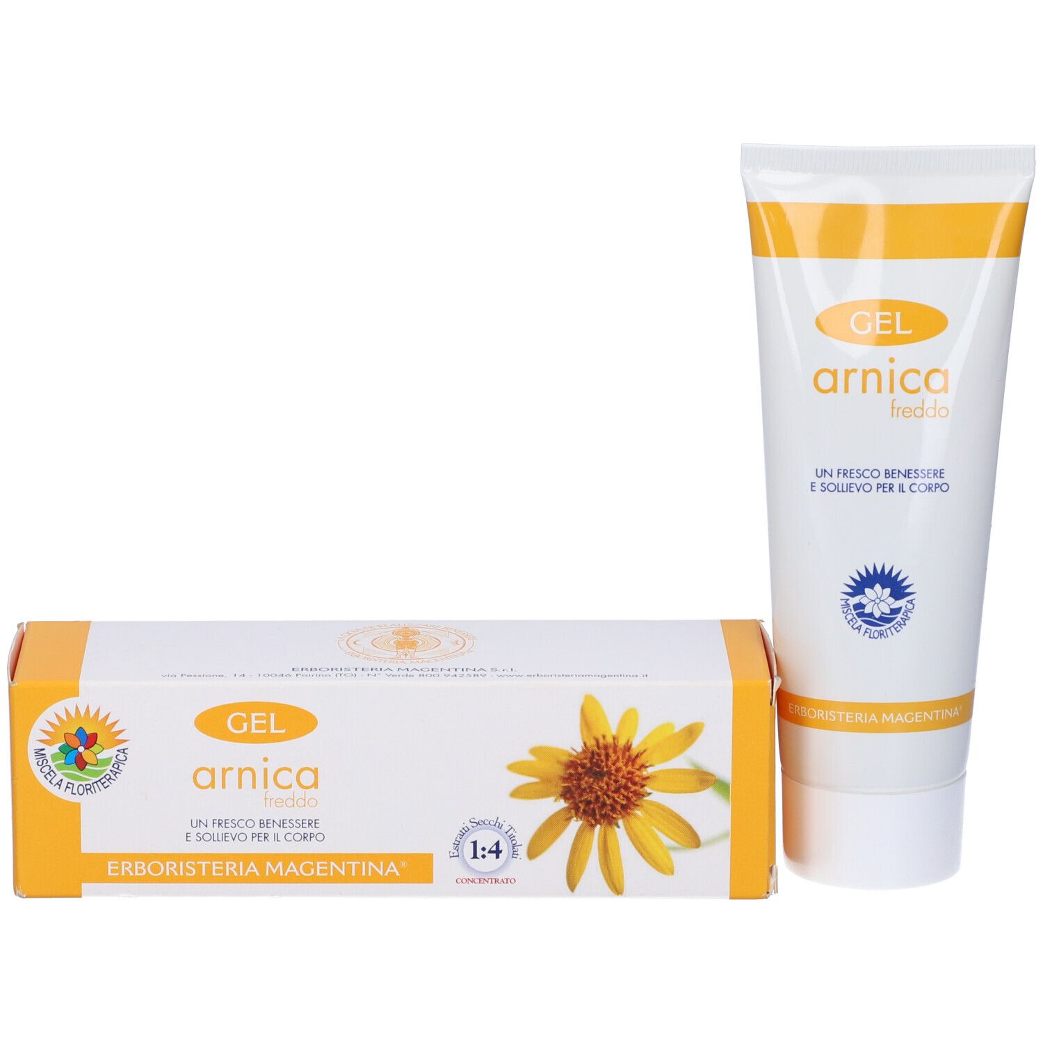 Tubo di gel e scatola. Tubo di gel e scatola affiancati. Scatola con fiore giallo e testo.