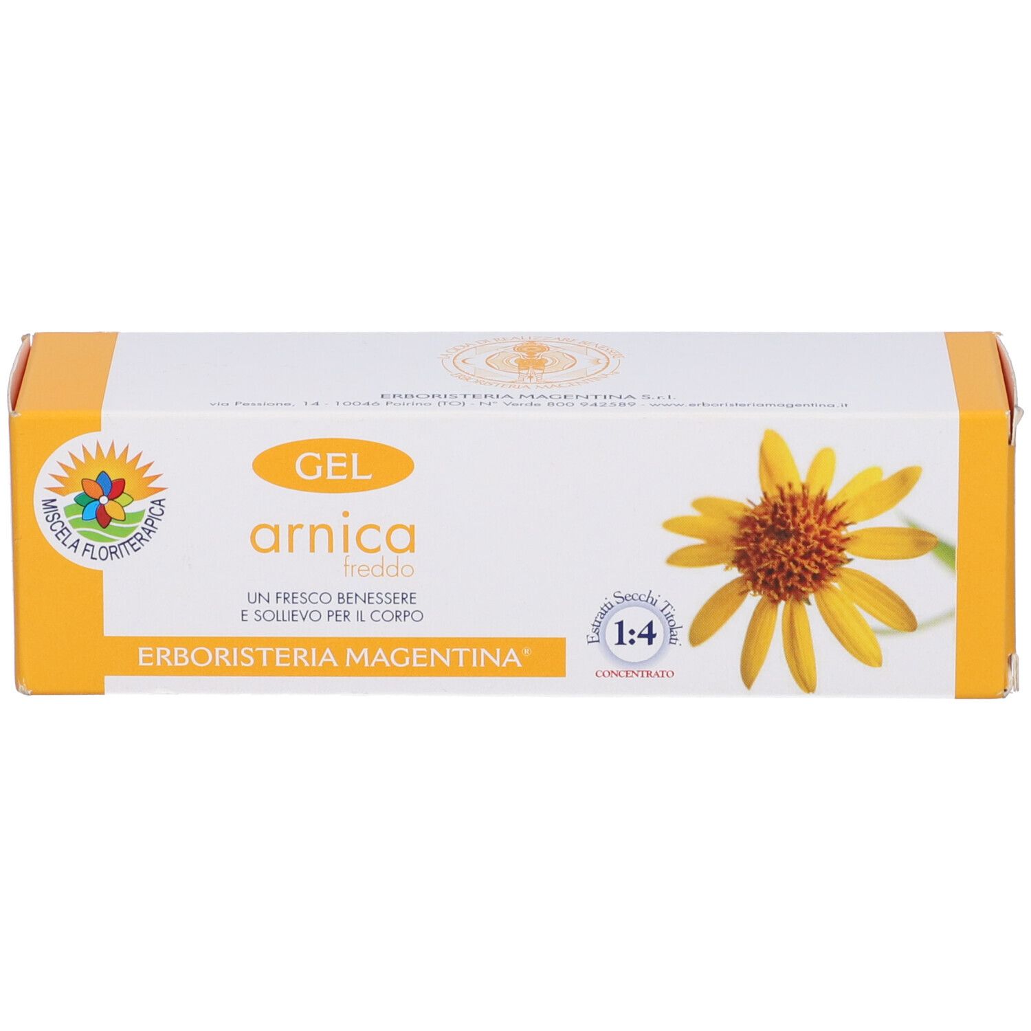 Scatola con fiore giallo e testo. Scatola gialla e bianca con informazioni sul prodotto.