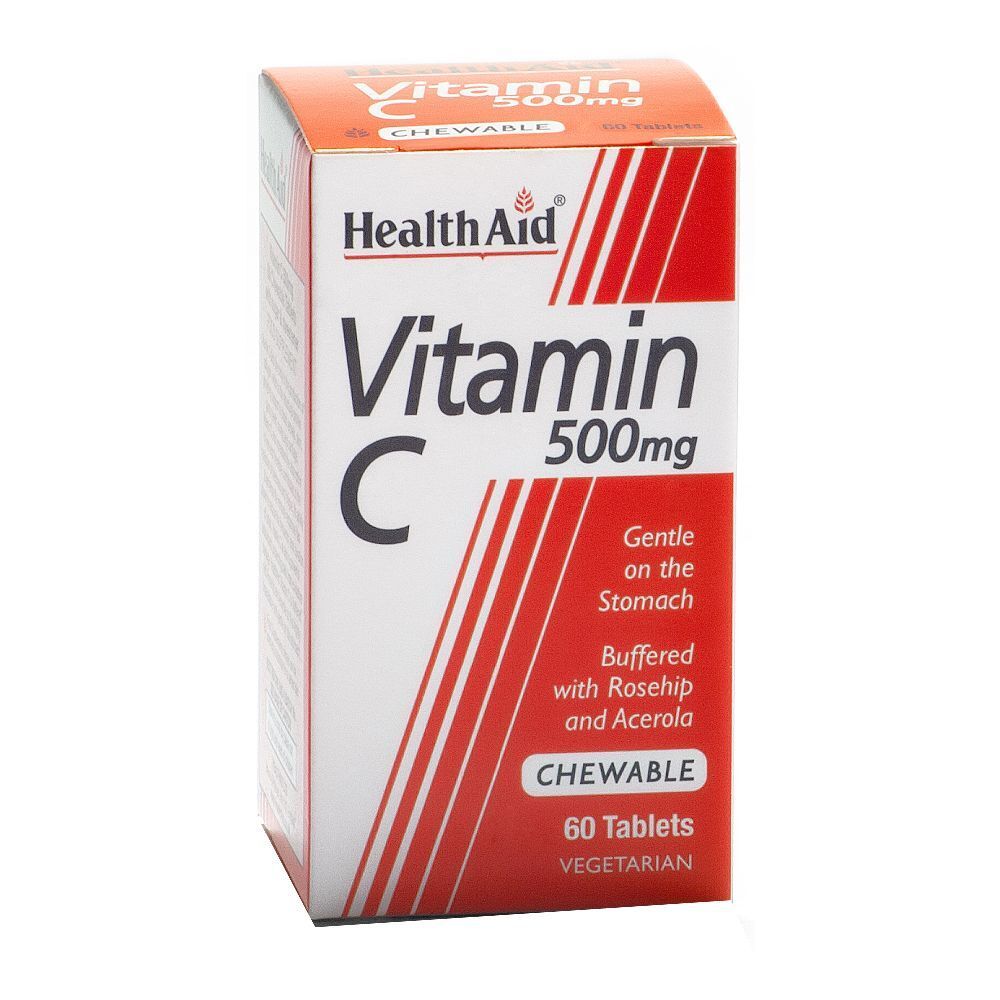 Scatola di compresse Health Aid Vitamina C 500mg. Confezione rossa e bianca. Contiene 60 compresse. Vegetariano. Masticabile.