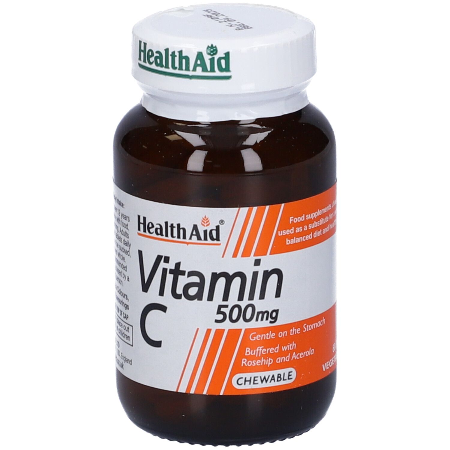 Flacone marrone con tappo bianco. Health Aid Vitamina C 500mg compresse. Masticabile. 60 compresse. Vegetariano.