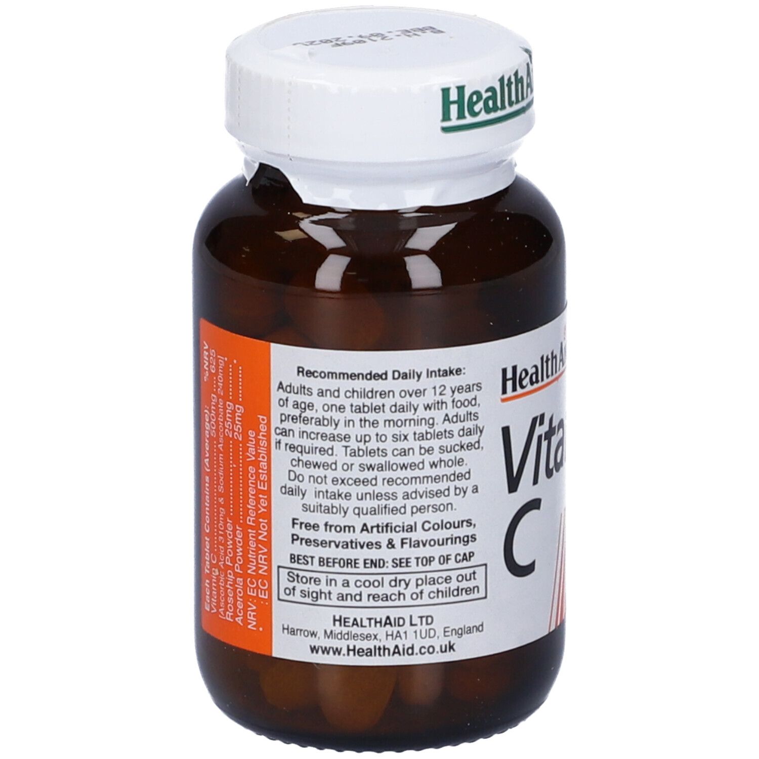 Flacone marrone con tappo bianco. Health Aid Vitamina C 500mg compresse. Retro con informazioni. Vegetariano.